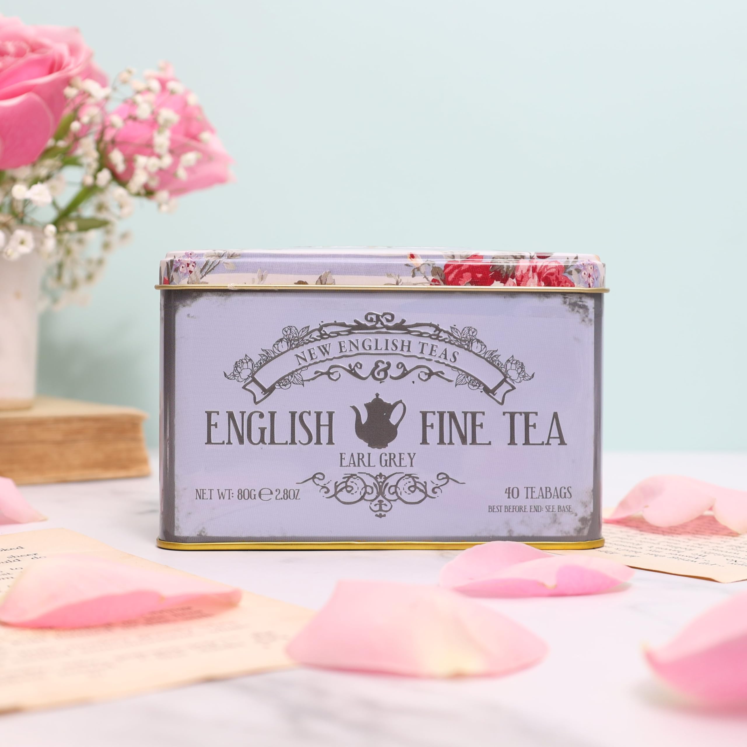 New English Teas Vintage Floral Tea Tin with 40 Earl Grey Teabags