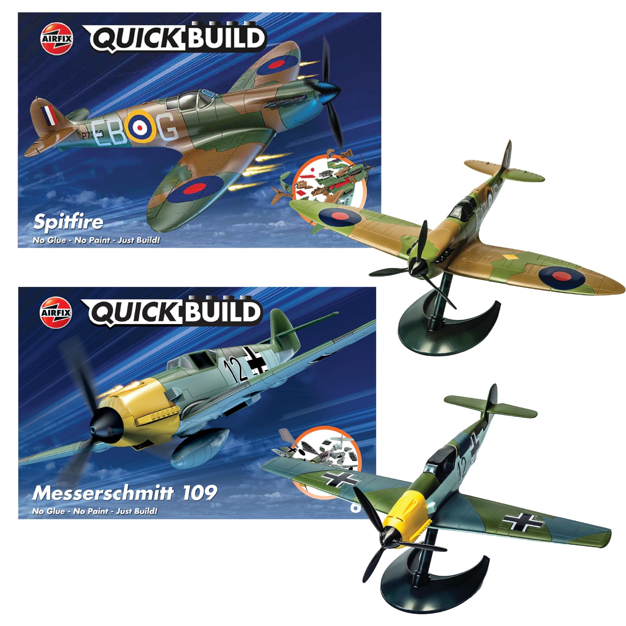 Airfix QUICKBUILD Spitfire & Messerschmitt Bf109 Model Aircraft Kit - No Glue, No Paint Required