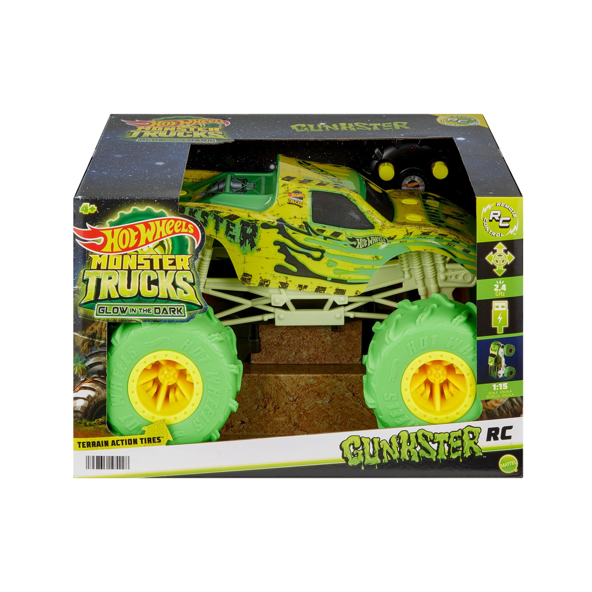 Hot Wheels Monster Trucks Gunkster RC Truck - Glow in the Dark, 1:15 Scale, Wheelie Stunt Vehicle 7