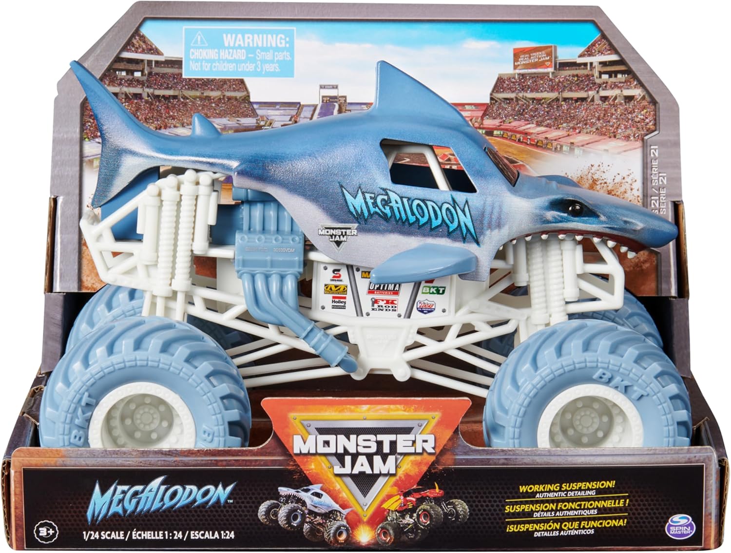 Monster Jam 1:24 Scale Die-Cast Megalodon Truck - Official BKT Tyres & Working Suspension