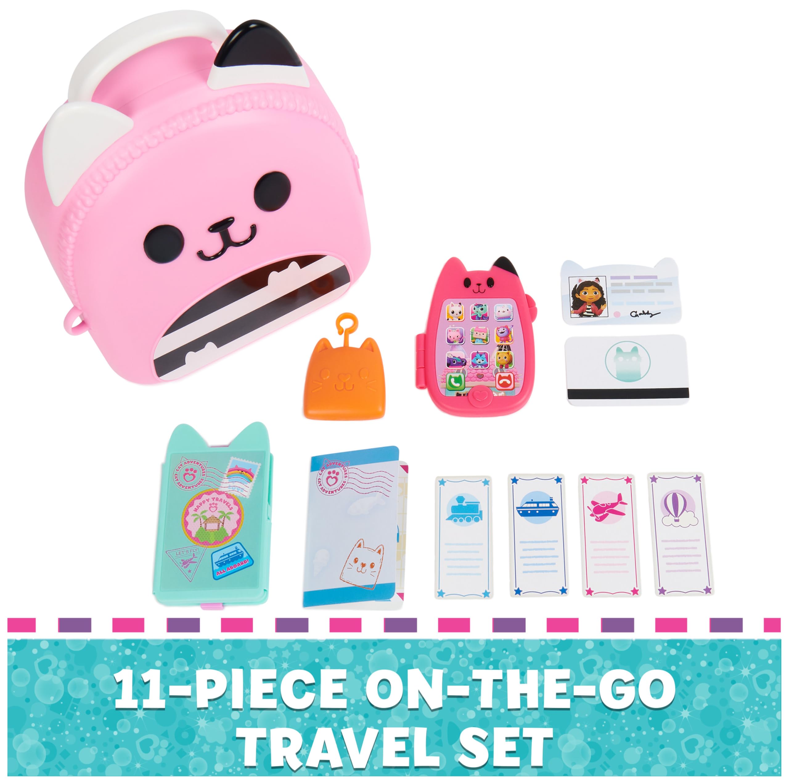 Gabby's Dollhouse Gabby Girl On-The-Go Travel Set Pretend-Play Toy Set with Phone, Passport & Compass 9