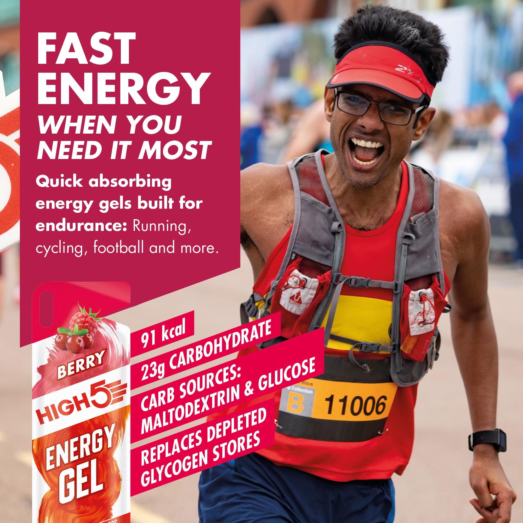 HIGH5 Energy Gel - Carb Gels for Running & Cycling - 23g Carbs, Vegan, Caffeine-Free - Berry (6 x 40g) 6