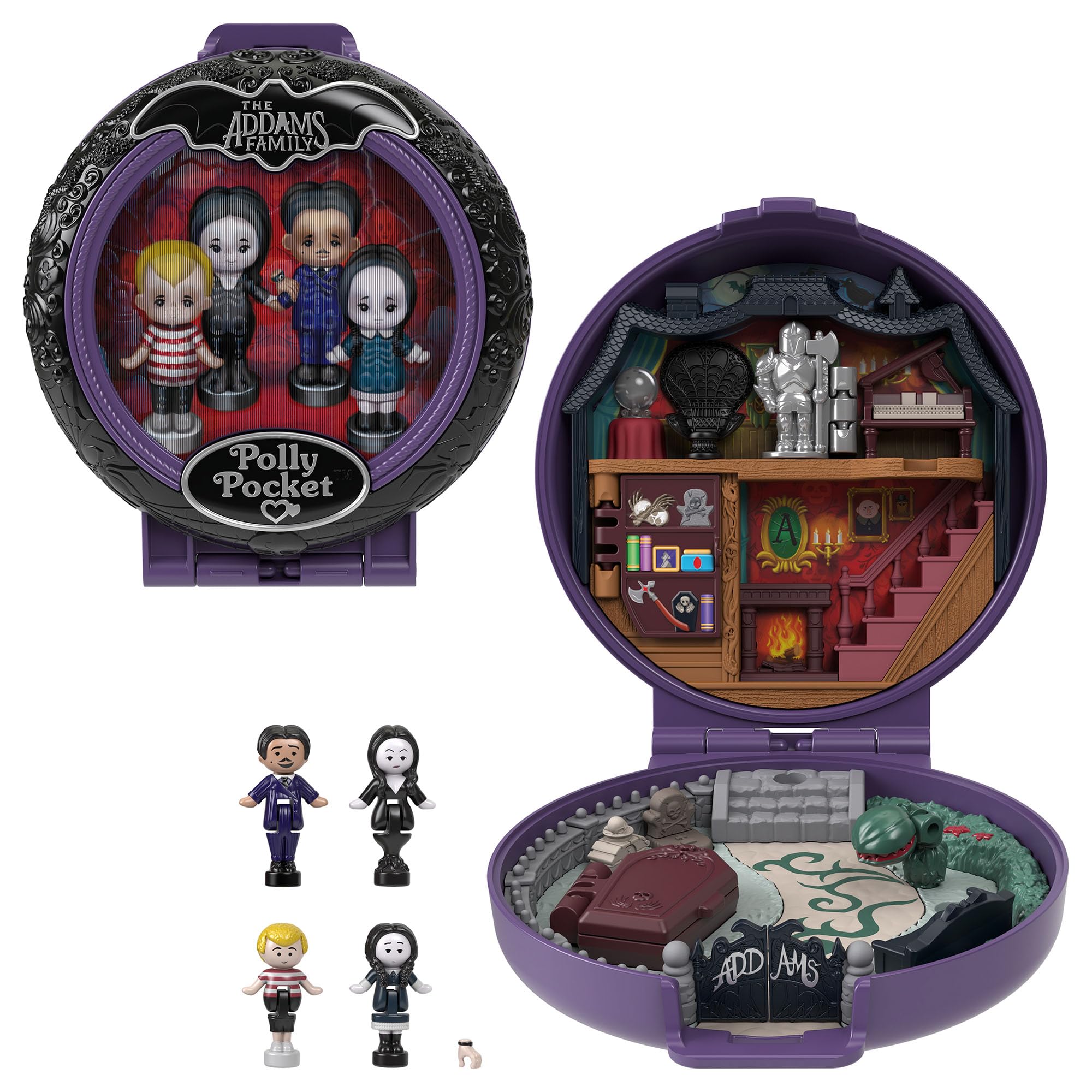 Polly Pocket The Addams Family Collector Playset - 4 Dolls & Haunted Mansion Compact for Ages 4-10