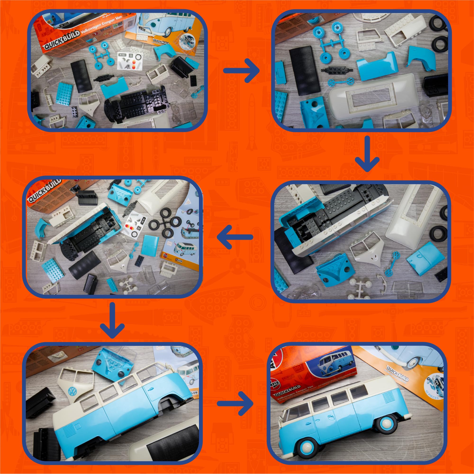 Airfix Quick Build VW Camper Van Model Kit - Snap Together Plastic Car Model for Kids & Adults, Blue 7