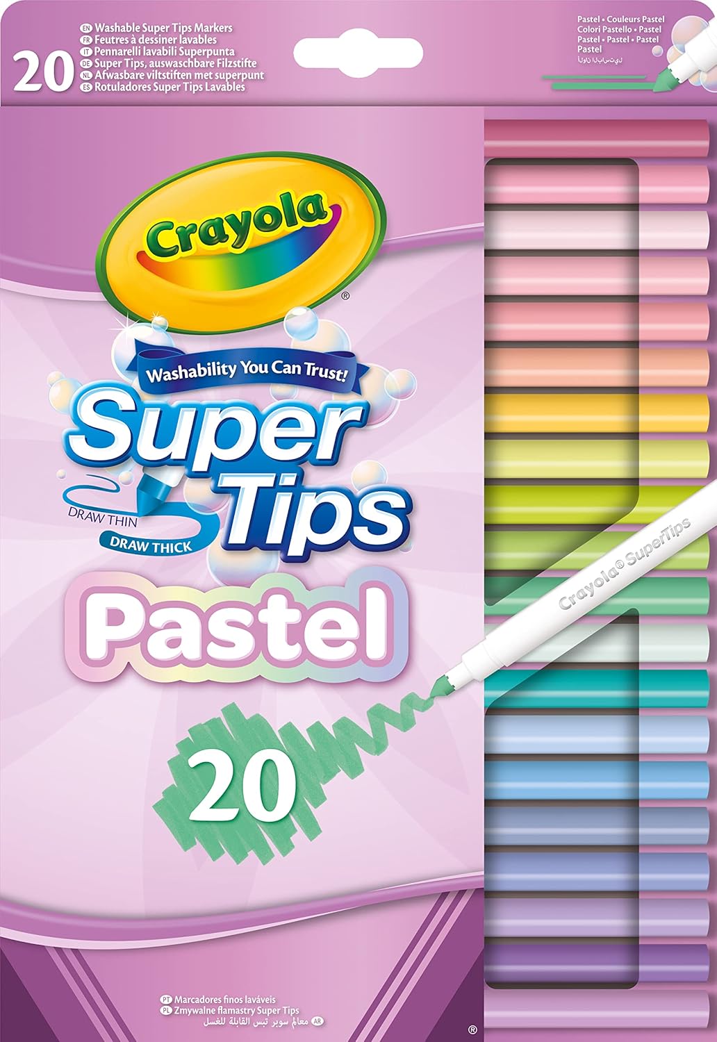 CRAYOLA Pastel SuperTips, abwaschbare Marker – 20 Stück, konische Spitze für feine und dicke Striche
