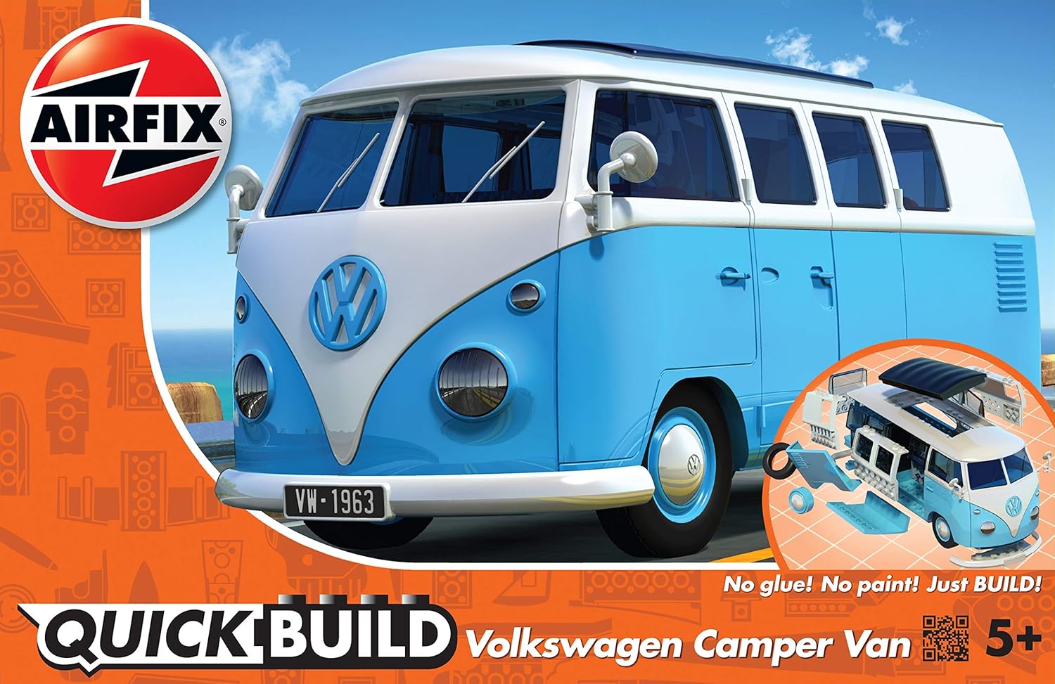 Airfix Quick Build VW Camper Van Model Kit - Snap Together Plastic Car Model for Kids & Adults, Blue