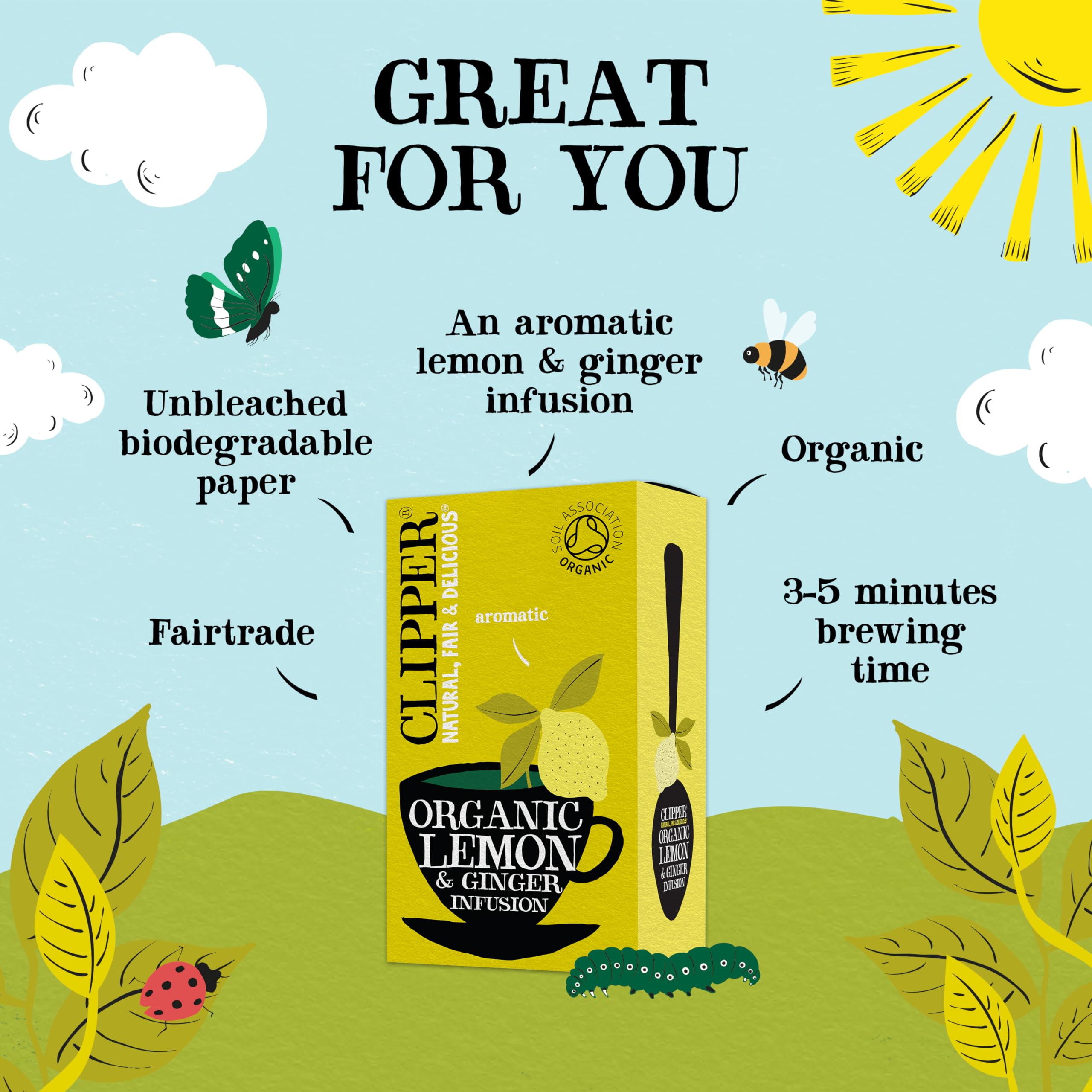Clipper Natural, Fair & Delicious Organic Lemon & Ginger Herbal Tea Bags - 120 Count (6x20) | Caffeine Free