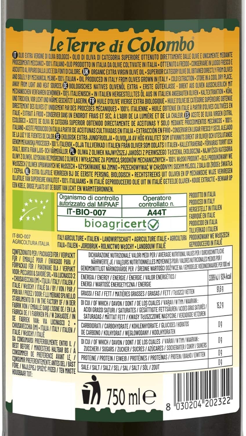 Le Terre di Colombo - 100% Italian Organic Extra Virgin Olive Oil 0.75L 6