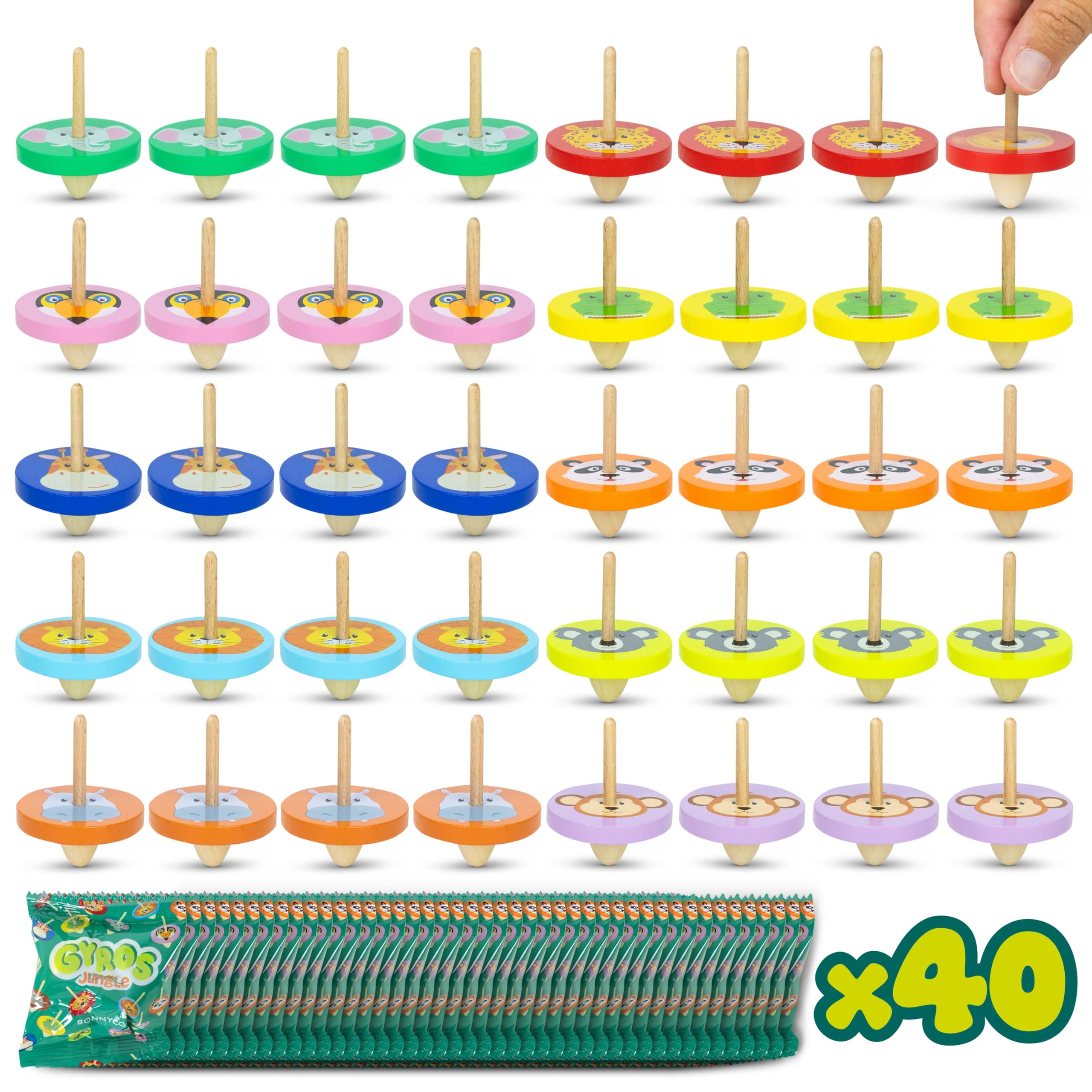 Wooden Spinning Top Animal Party Bag Fillers - 40 Pack for Kids 3+
