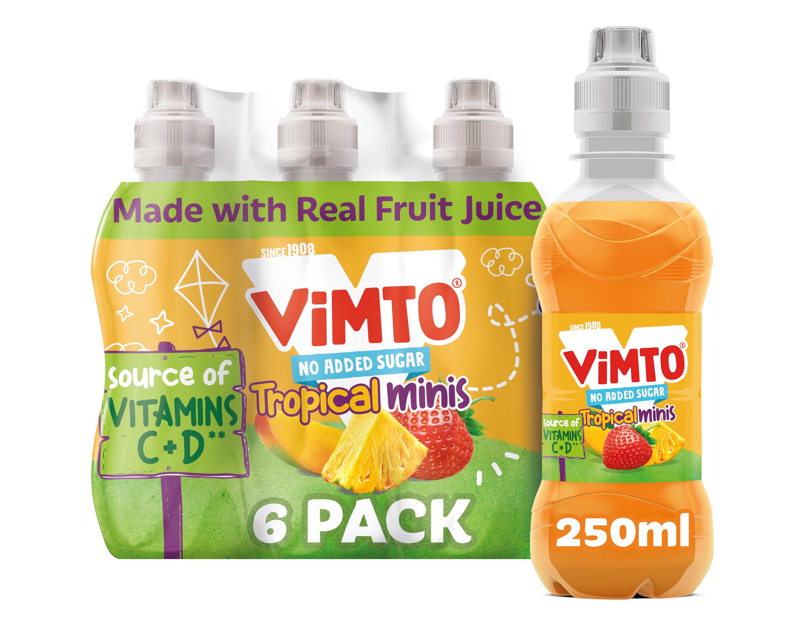 Vimto Kids Tropical Mango, Strawberry & Pineapple Juice Drink – No Added Sugar, 250ml Resealable Bottles (Pack of 6)