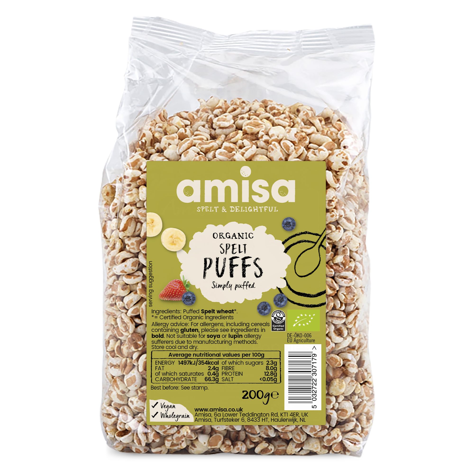 Amisa Organic Spelt Puffs - High Fibre, Vegan Friendly | 200g