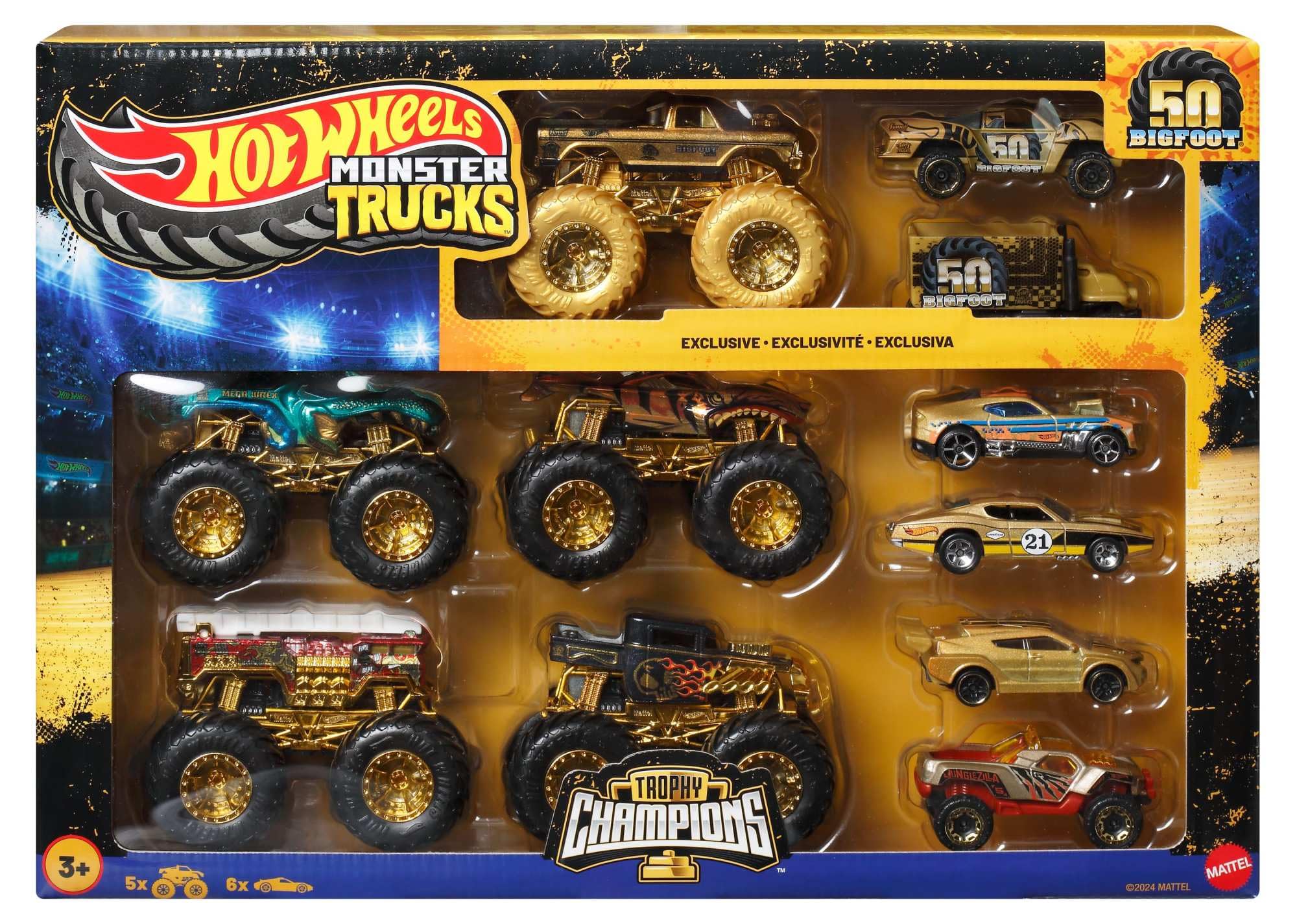 Hot Wheels Monster Trucks Trophy Champions Collection (11 Pcs) | 5 Monster Trucks & 6 Die-Cast Cars | 3Y+