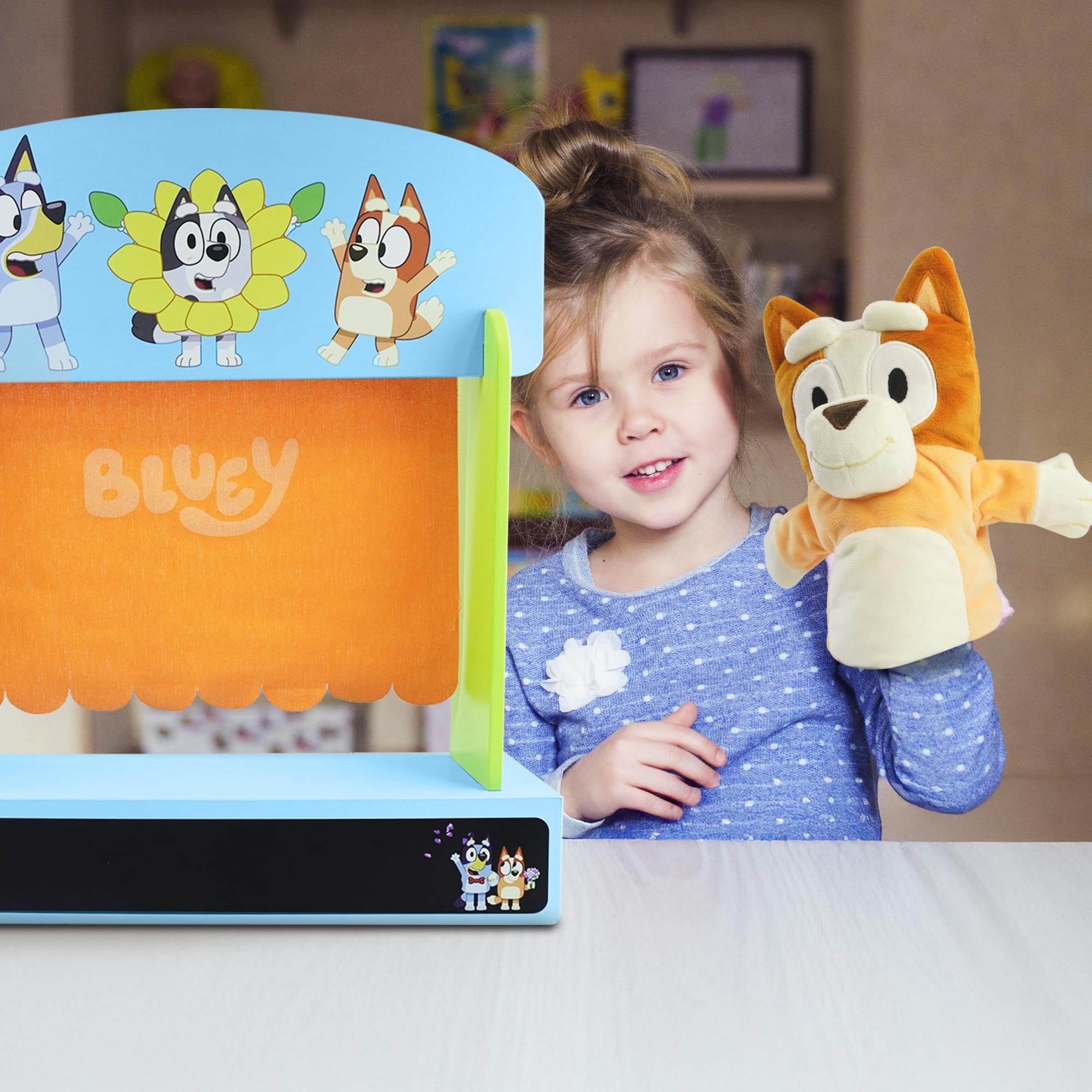 Bluey Wooden Puppet Theater Playset - FSC-Certified Wood, Includes 2 Hand Puppets 13
