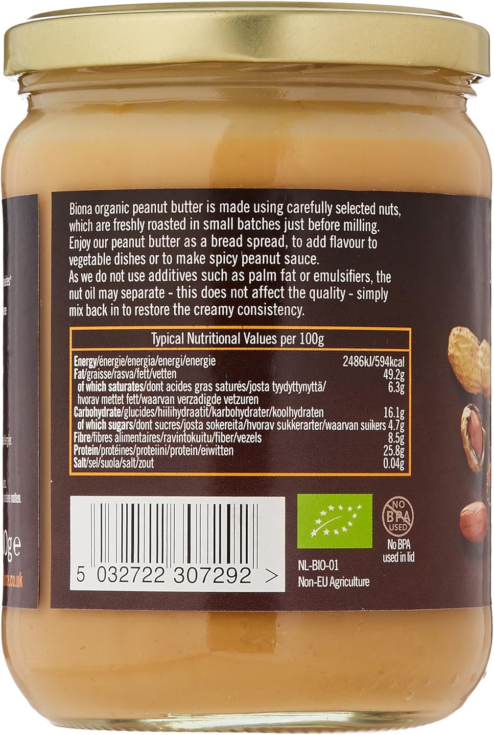Biona Bio Erdnussbutter glatt ohne Salz, 500g 5