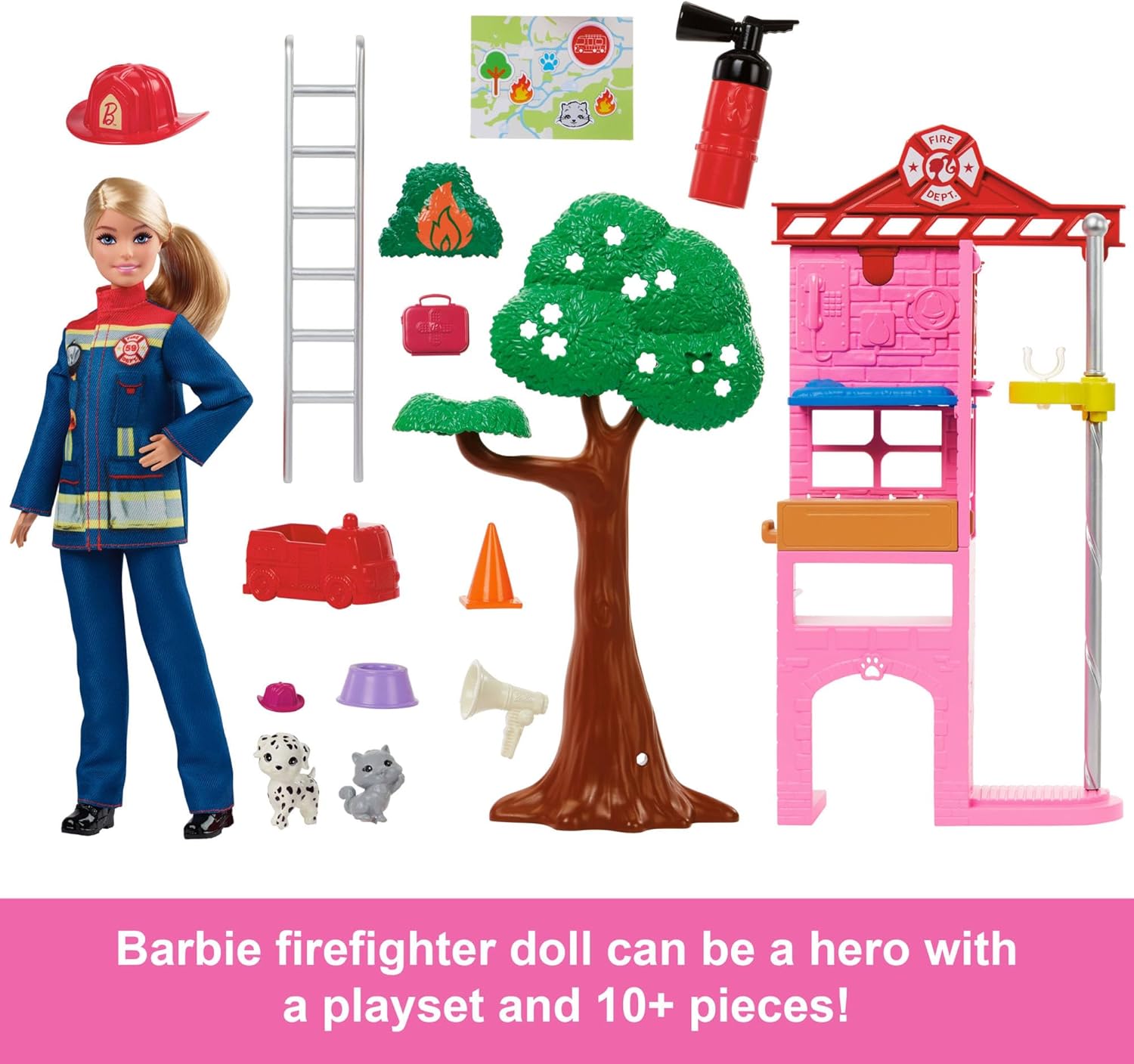 Barbie Careers Firefighter Doll & Playset with Fire Station, Tree, 2 Pets, 16-Piece Set for Kids 3+ 6