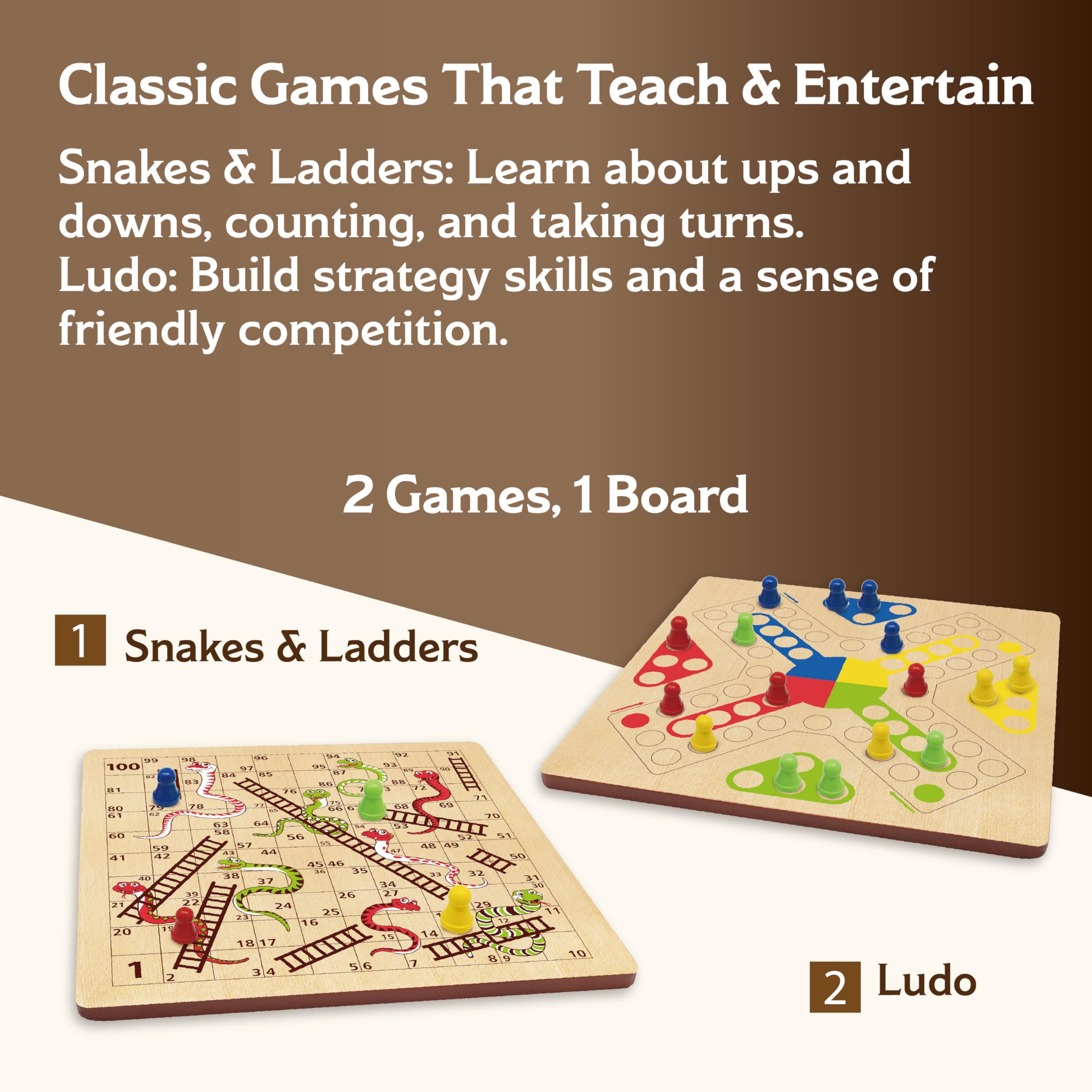 ROO GAMES Wooden Snakes and Ladders + Ludo Board Game – 2-in-1 Classic Family Game 5