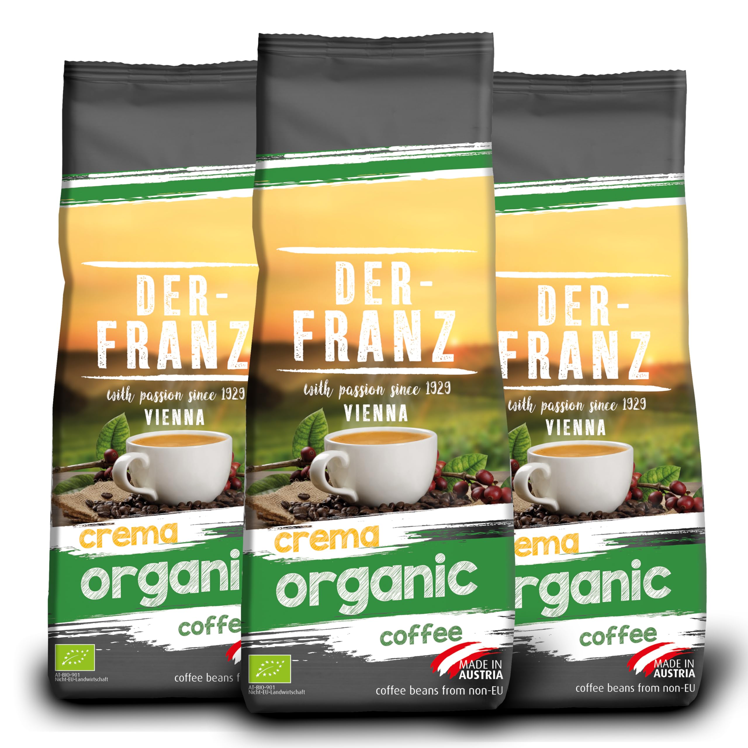 Der-Franz Crema Organic Coffee, Whole Bean, 3 x 500 g