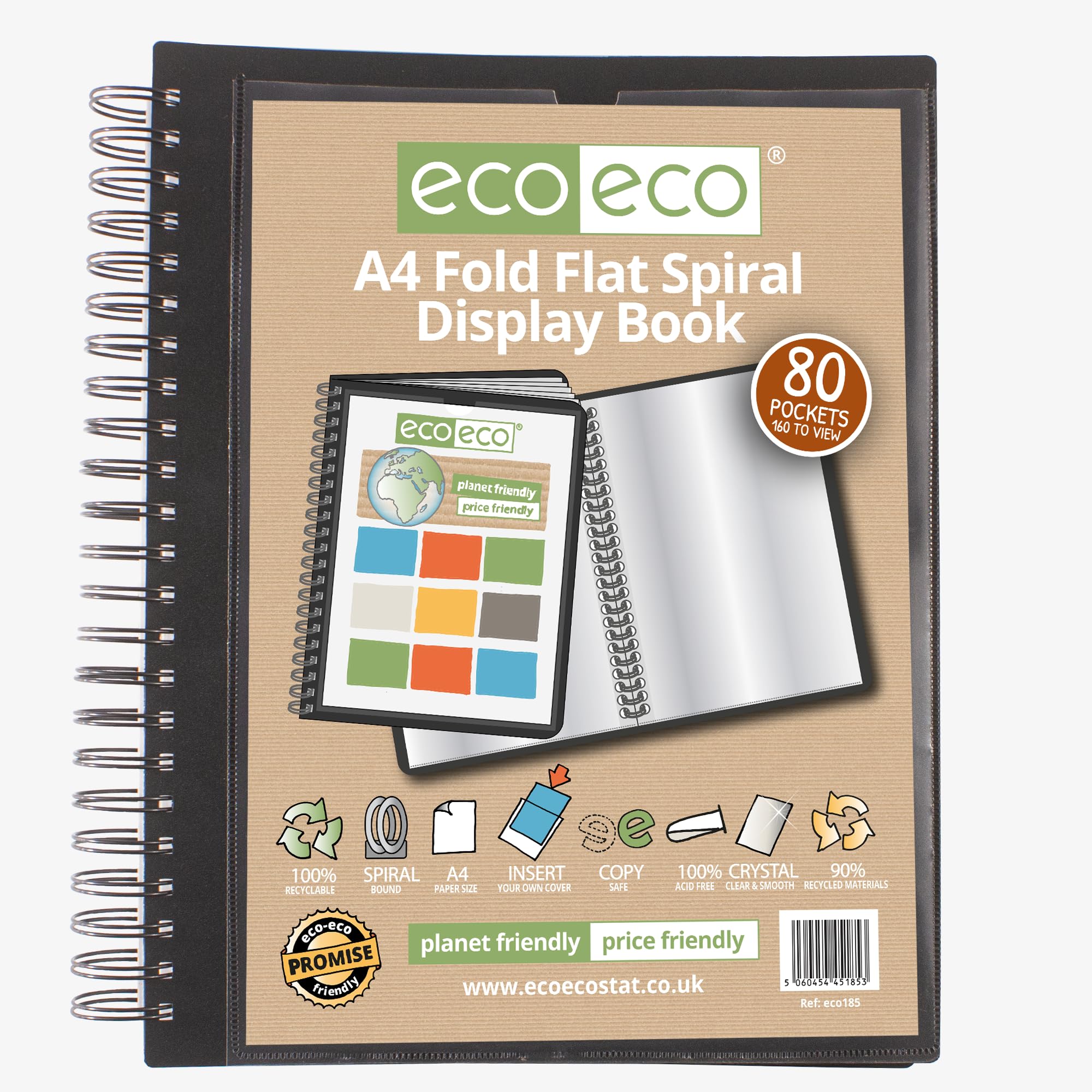 eco-eco A4 Spiral Bound Display Book - 80 Pockets, 90% Recycled, Black | Personalizable Sleeve