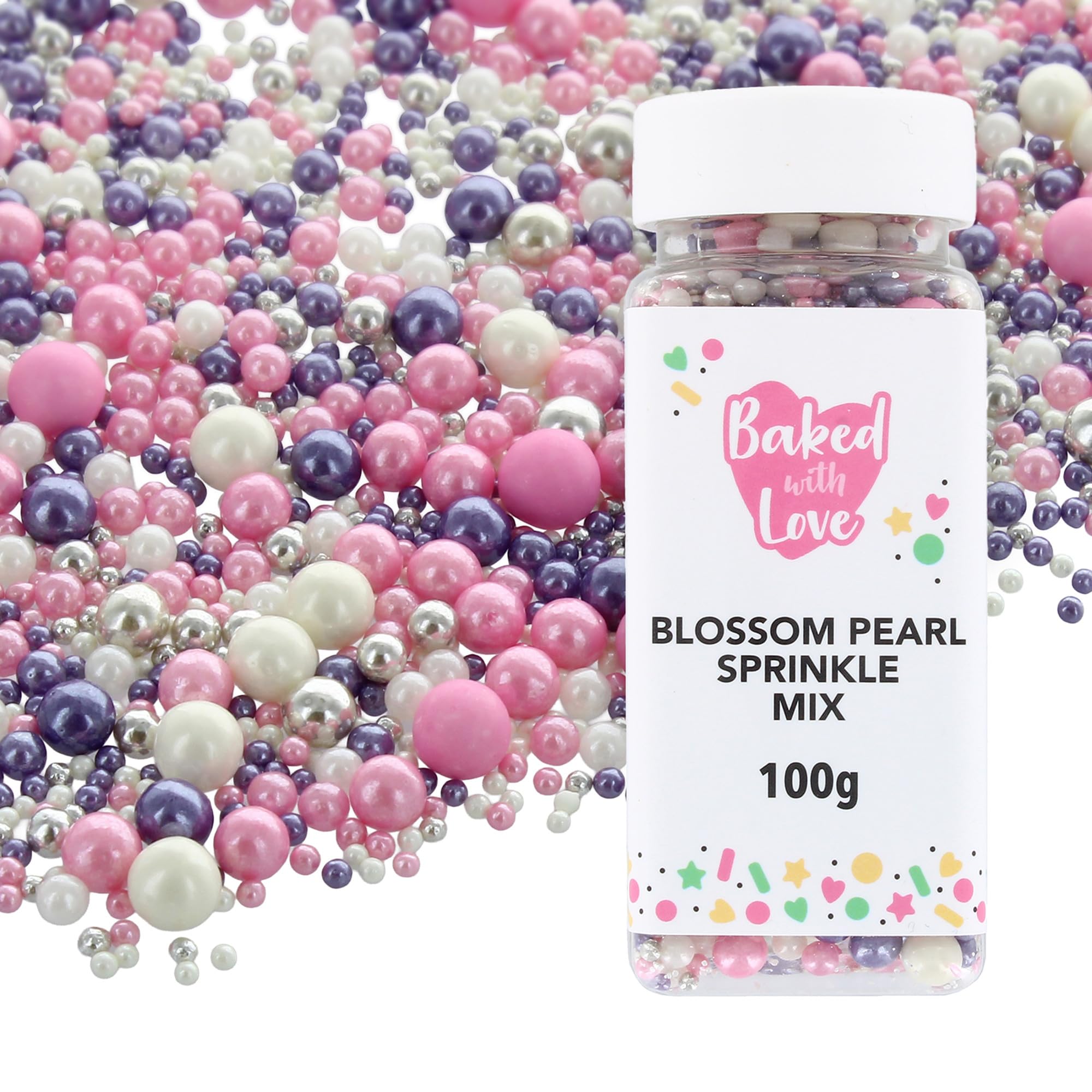 Baked with Love Blossom Pearl Sprinkles - Pink, Purple, Silver Sugar Balls | 100g Resealable Bottle