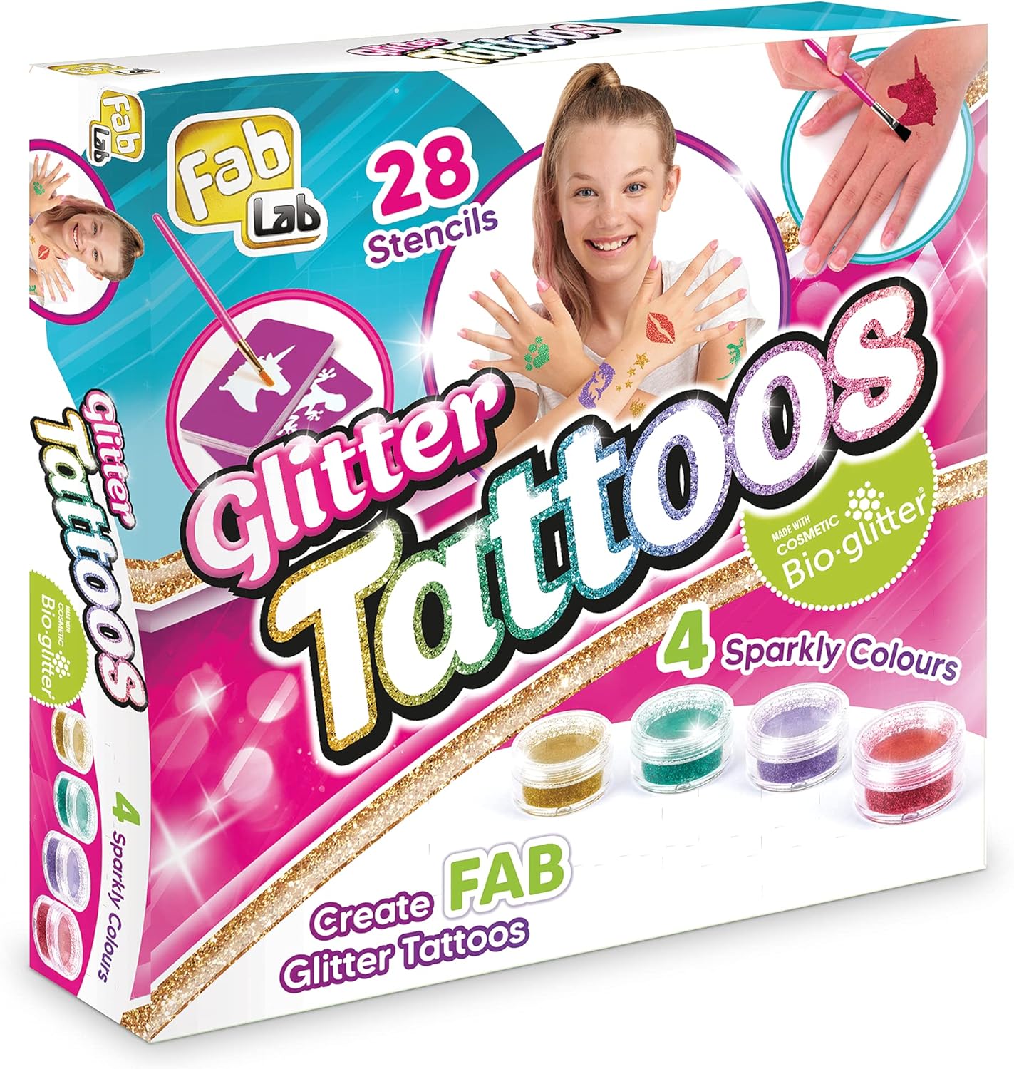 FabLab Glitter Tattoos Kit with Bioglitter – 28 Designs & 4 Sparkly Colors