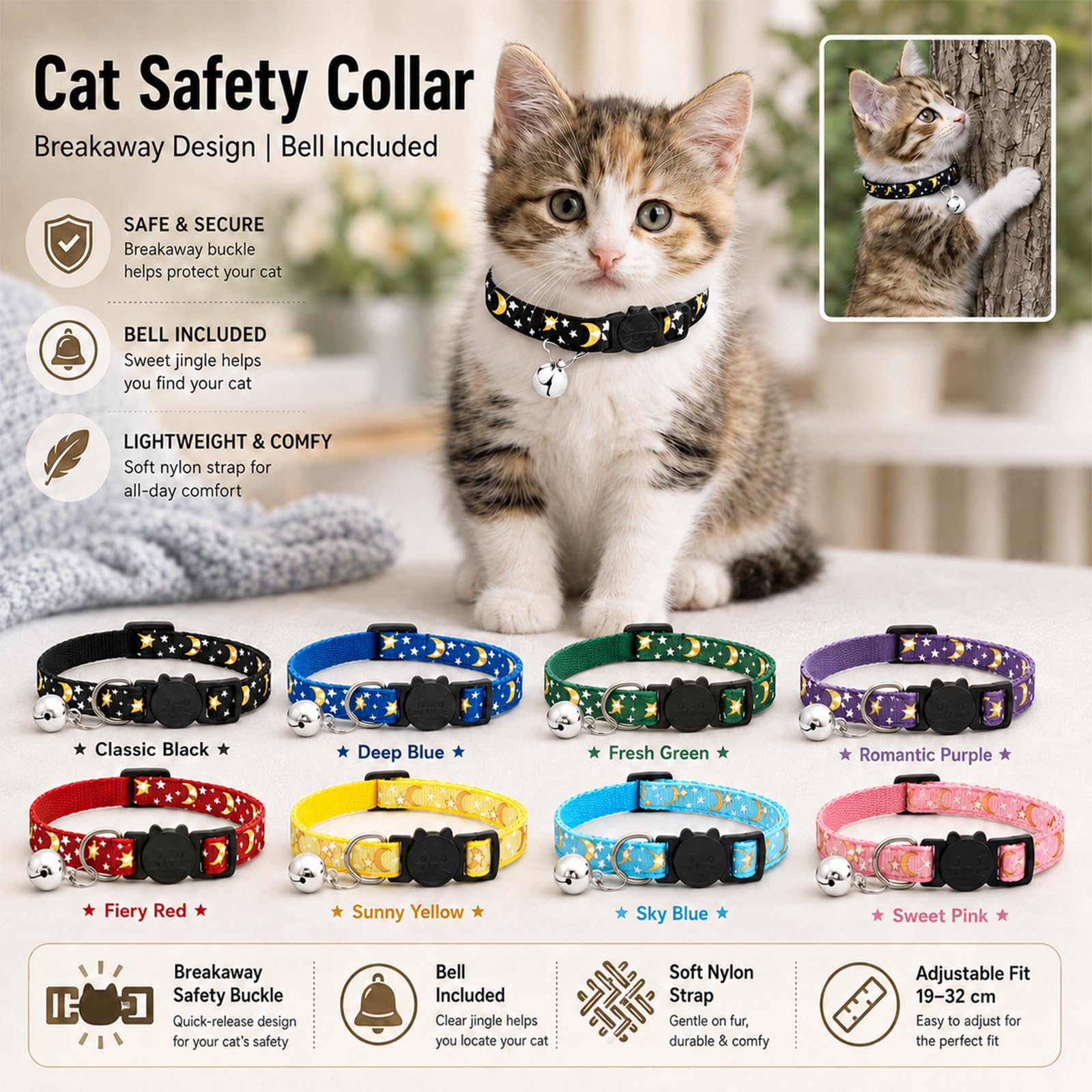 Muexoee Reflective Adjustable Cat Collar with Bell | Moon Star Print | Green | 2 Pack