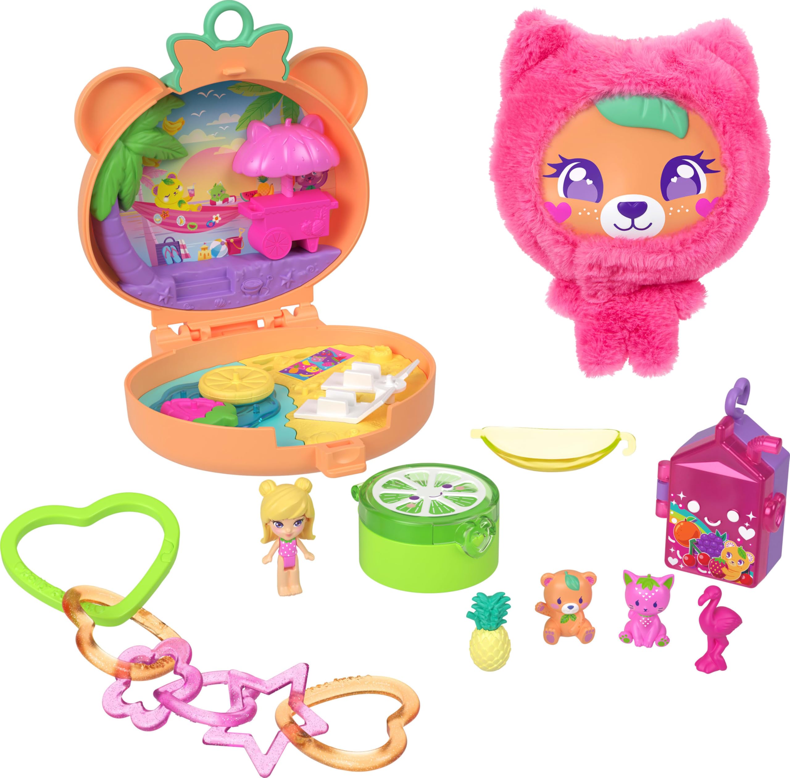 Polly Pocket Plushie Bear Compact Playset with Micro Doll, Pets, Charms, and Keychain | Ages 4+