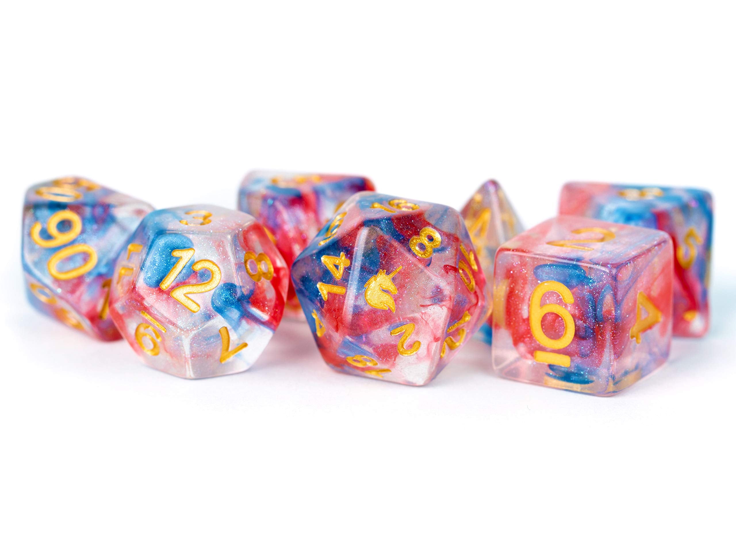 Metallic Dice Games Cosmic Carnival Unicorn 7-Piece Polyhedral Dice Set | 16mm Acrylic | Yellow Numbers