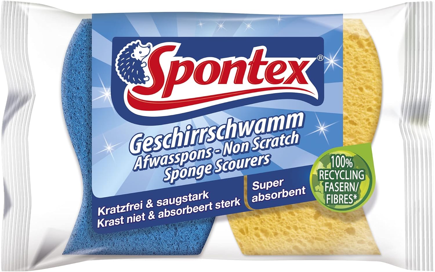 Spontex Non-Scratch Super Absorbent Sponge Scourers, Pack of 2 - Yellow