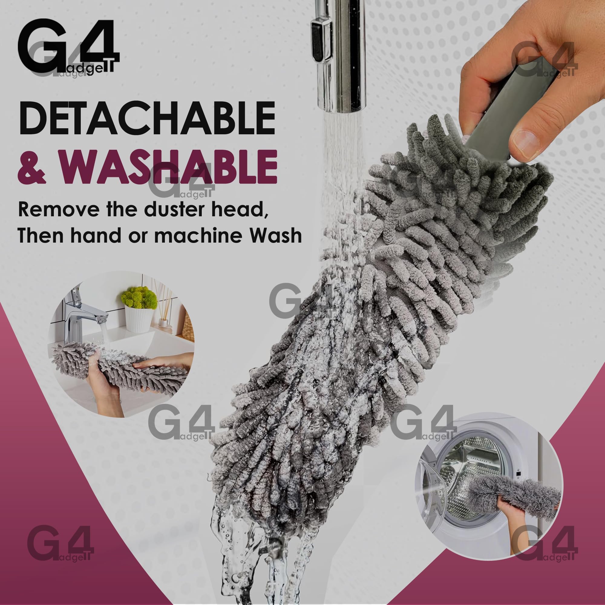 G4GADGET Microfiber Duster - Washable Head for Blinds & Furniture | Grey