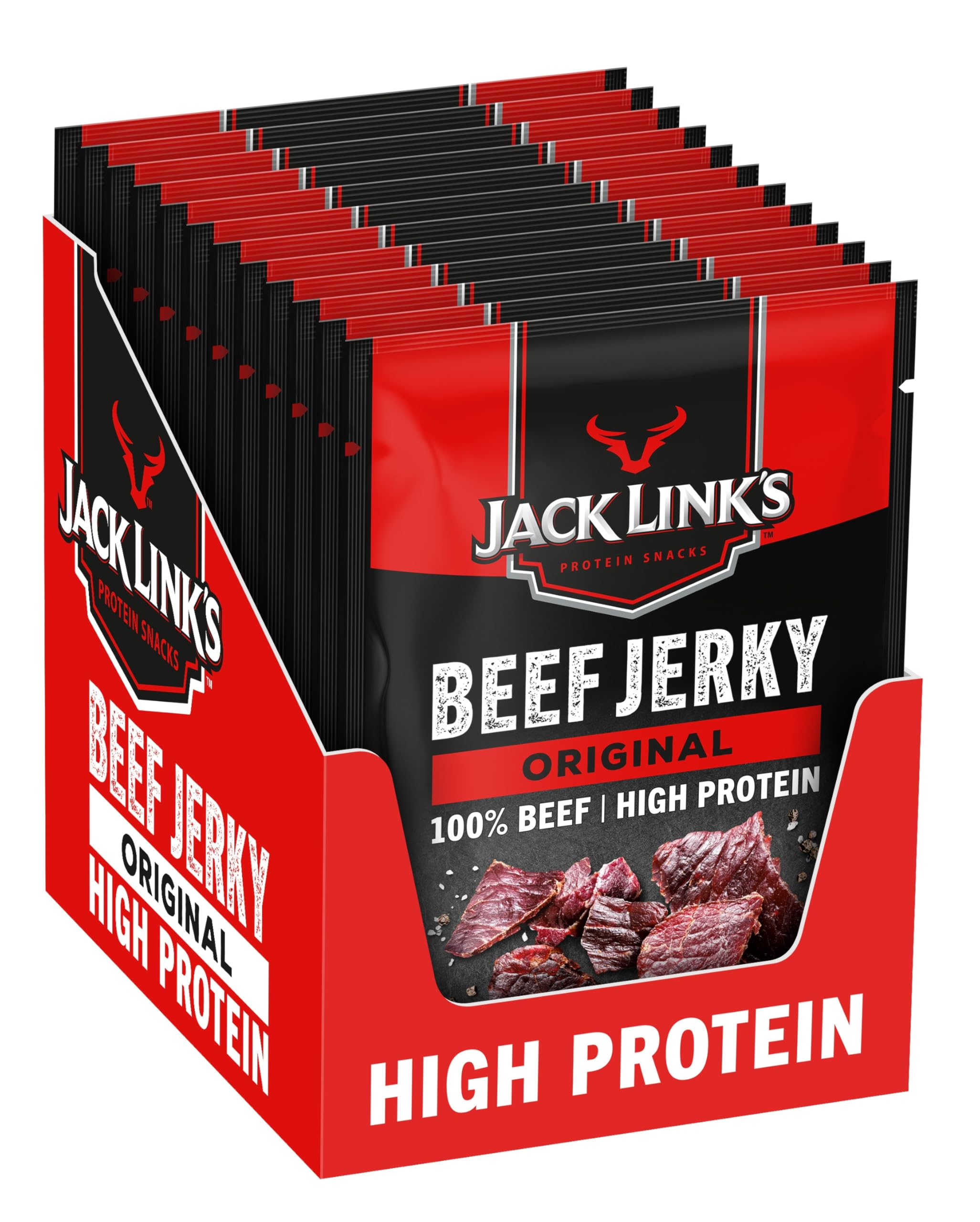 Jack Link's Beef Jerky Original, Box of 12 x 40 g, High Protein Dried Meat Snack