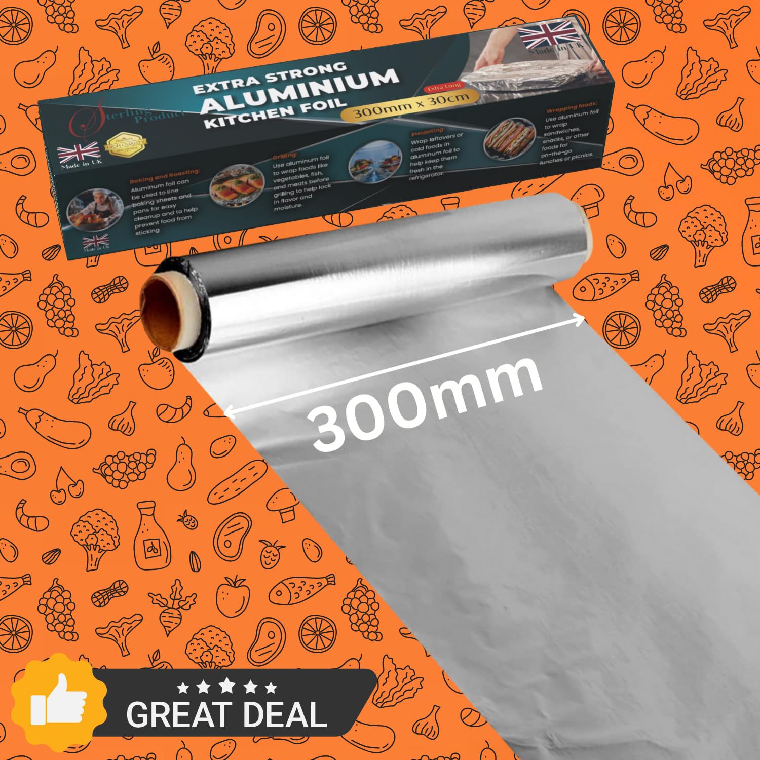 STERLING PRODUCTS 30m Extra Long Heavy Duty Aluminum Foil Roll - 30cm Width 7