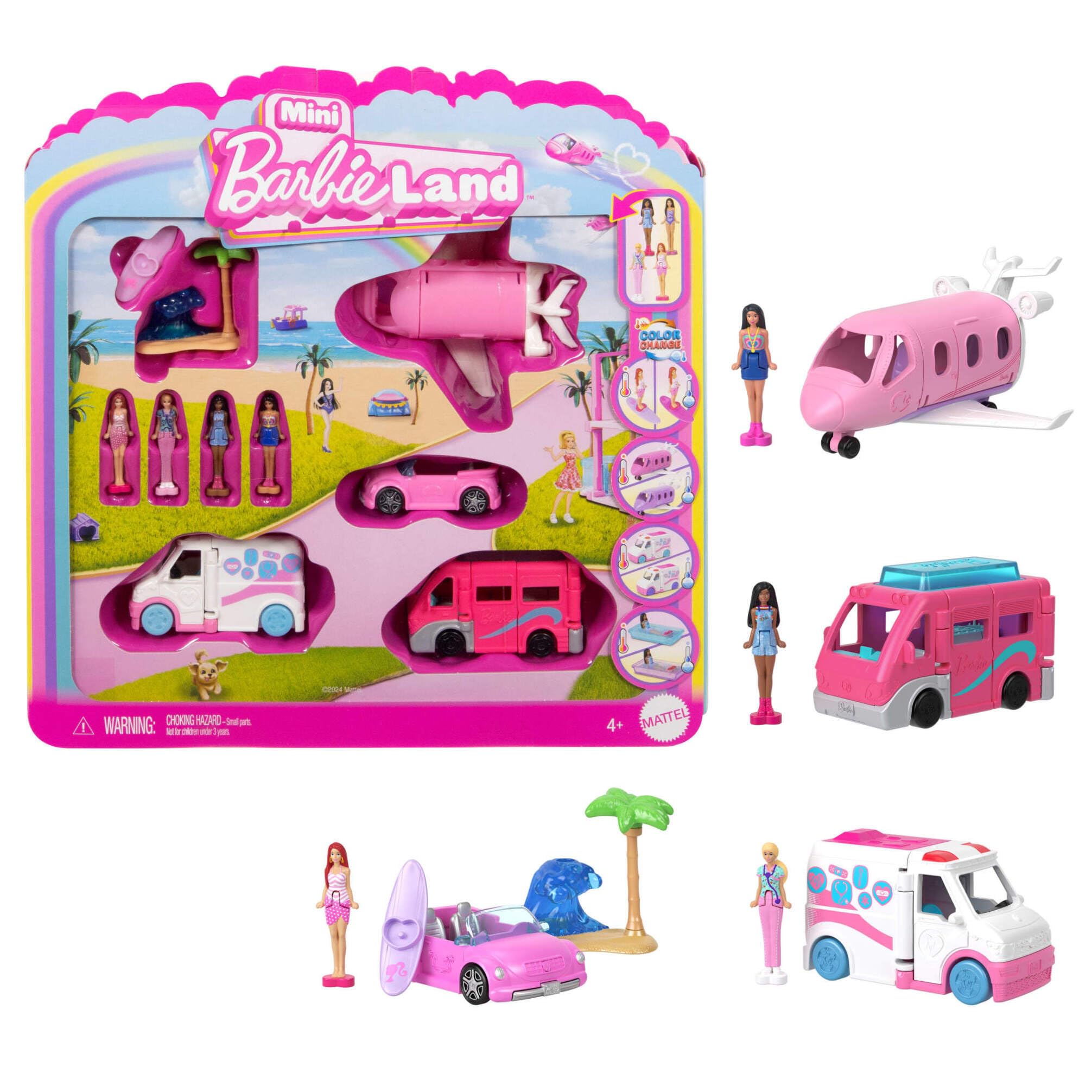 Mini Barbie Land 4-Pack Doll & Vehicle Playset - Color Change Fun for Ages 4+