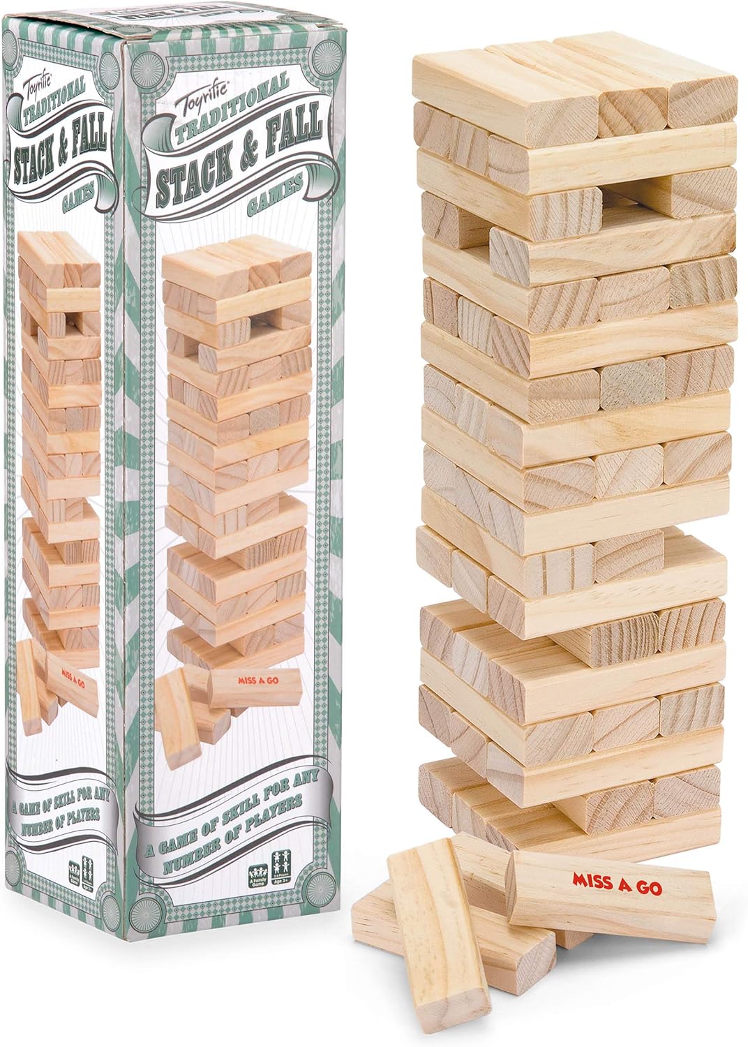 Toyrific Stack and Fall Tumble Tower Game with 54 Wooden Blocks