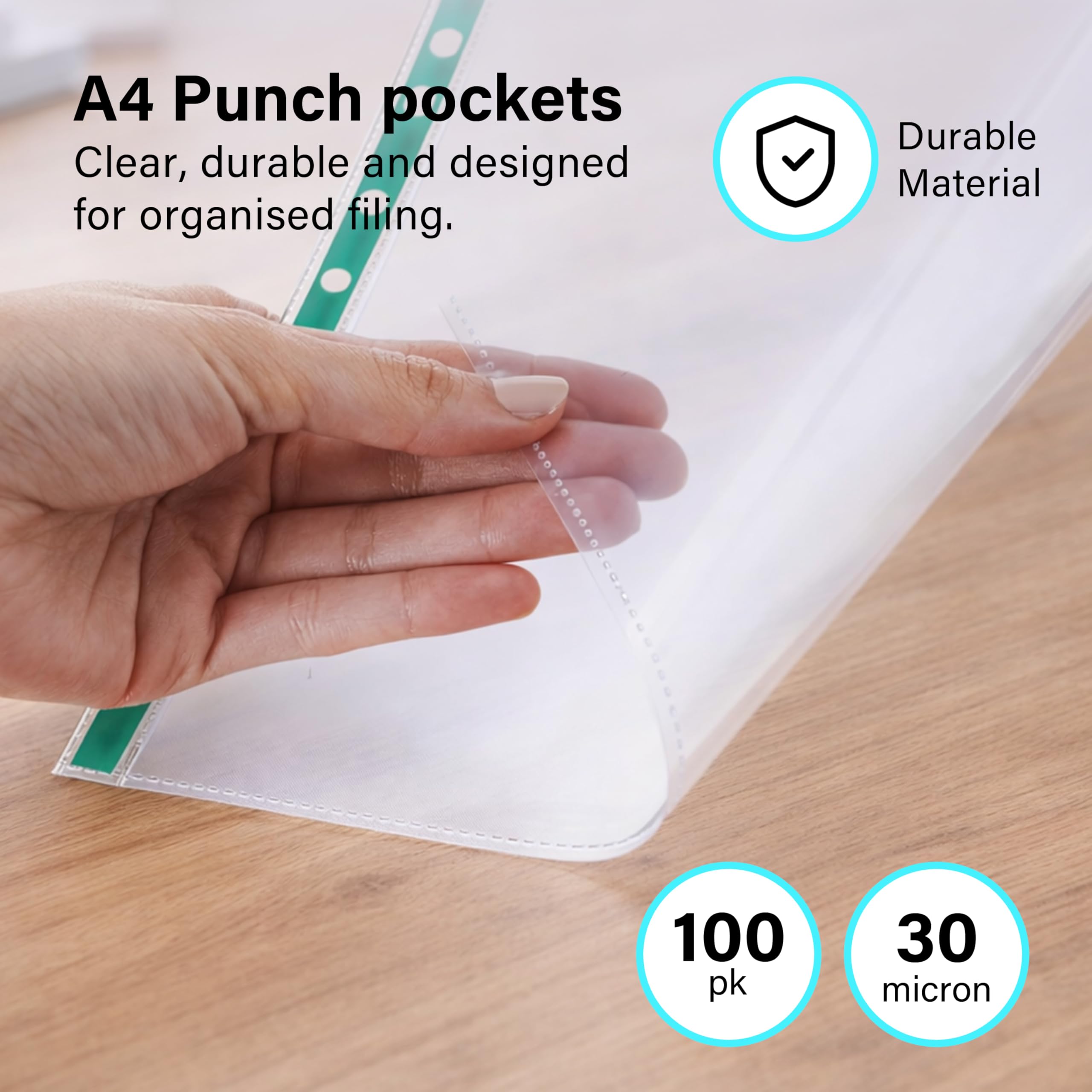 Ofah A4 Punch Pockets - 100 Pack Clear, Water Resistant PP Material for Filing | Model OF-PPA4100