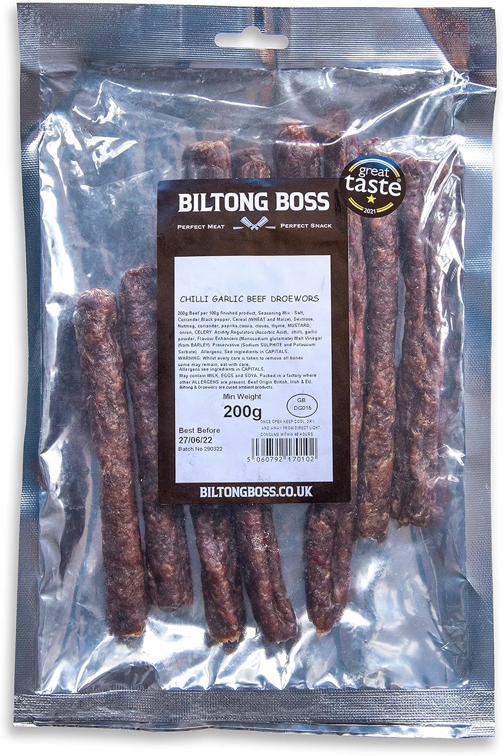 Biltong Boss Chilli Garlic Droewors - Authentic South African Beef Snack, Ready to Eat