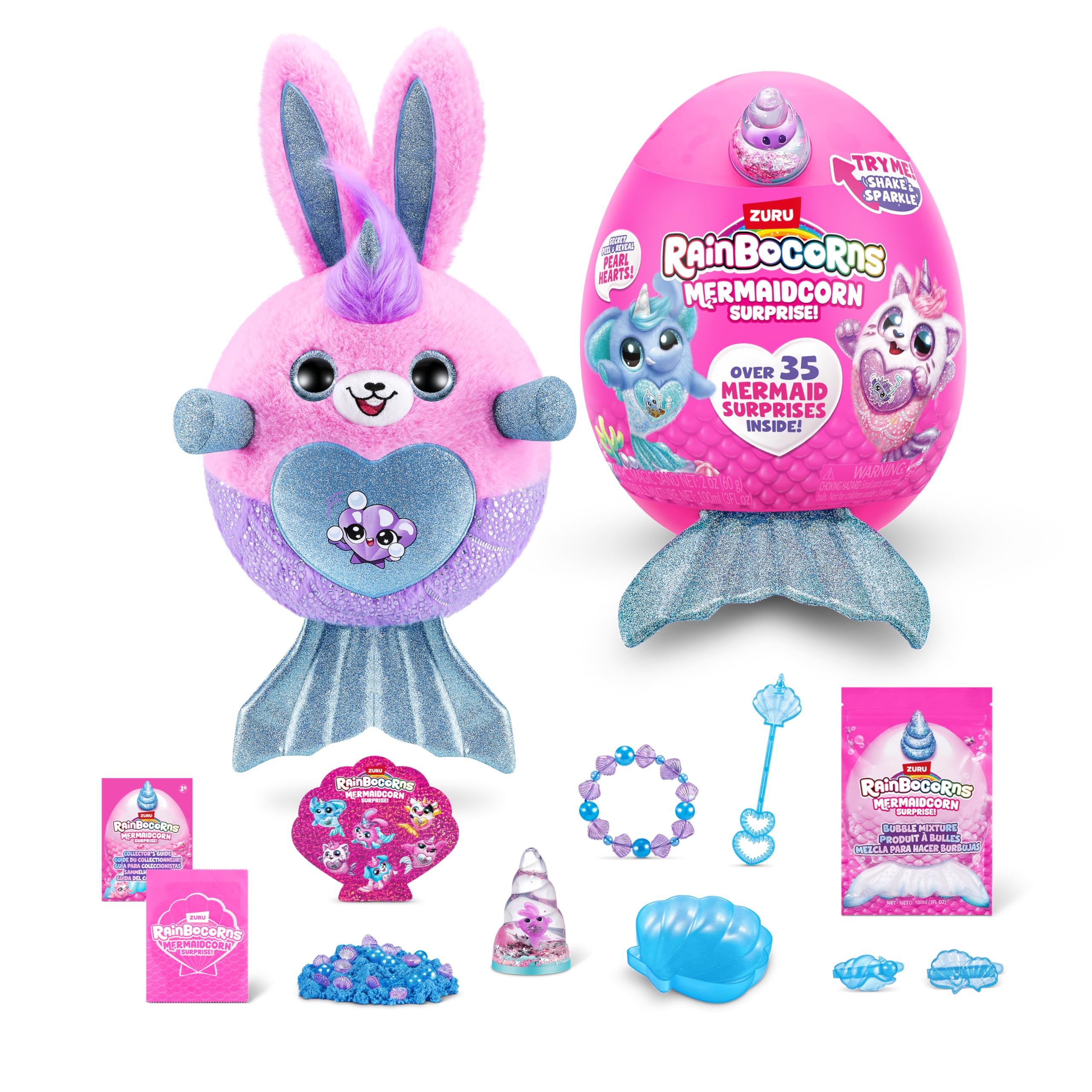 Rainbocorns Mermaidcorn Series 7 Coral the Bunny - Collectible Plush with Glittery Tail & Water Globe Horn