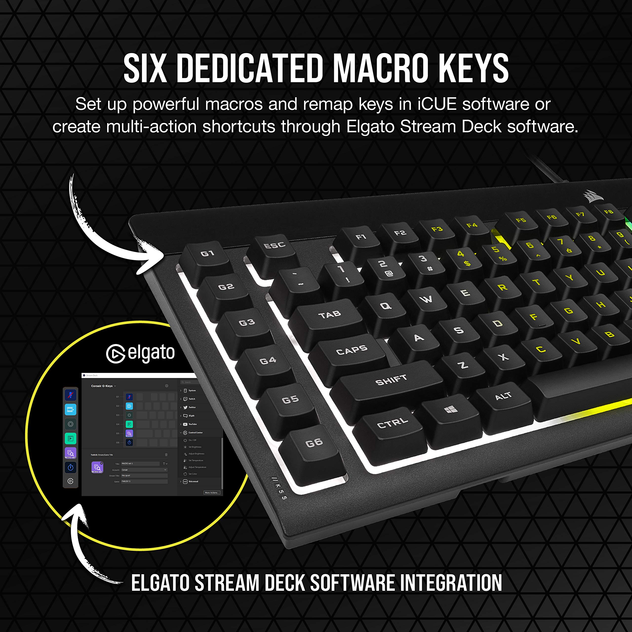 CORSAIR K55 RGB PRO Membrane Wired Gaming Keyboard – IP42 Dust and Spill-Resistant – 6 Macro Keys with Elgato Integration – iCUE Compatible – QWERTY UK – PC, Mac, Xbox – Black 4