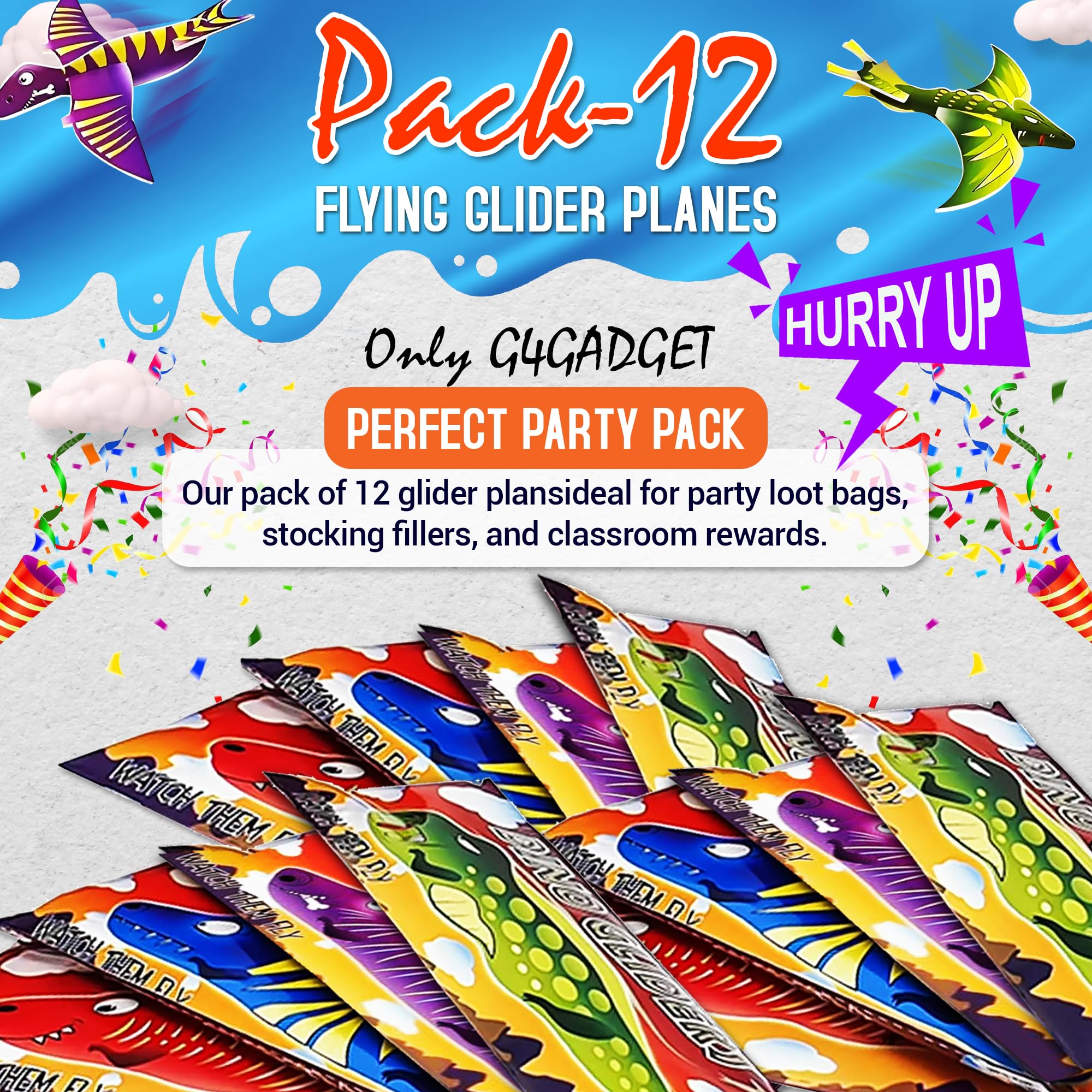 G4GADGET Dinosaur Flying Glider Planes - Pack of 12, Lightweight Foam Gliders for Kids 3+ 5