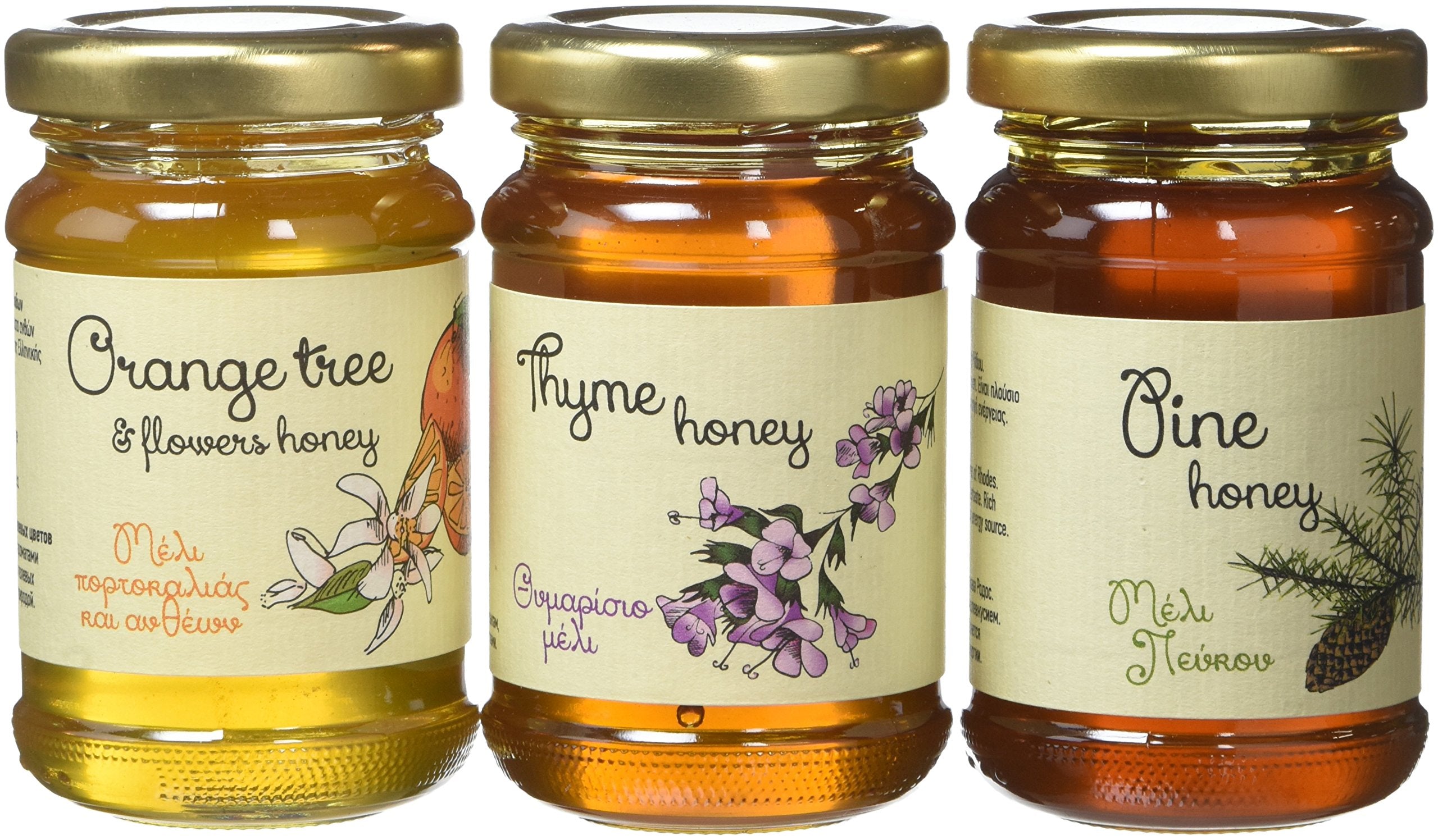 Melissokomiki Dodecanesse Greek Raw Honey Gift Set - 3 Varieties (Thyme, Pine, Orange Blossom) | 390g Total