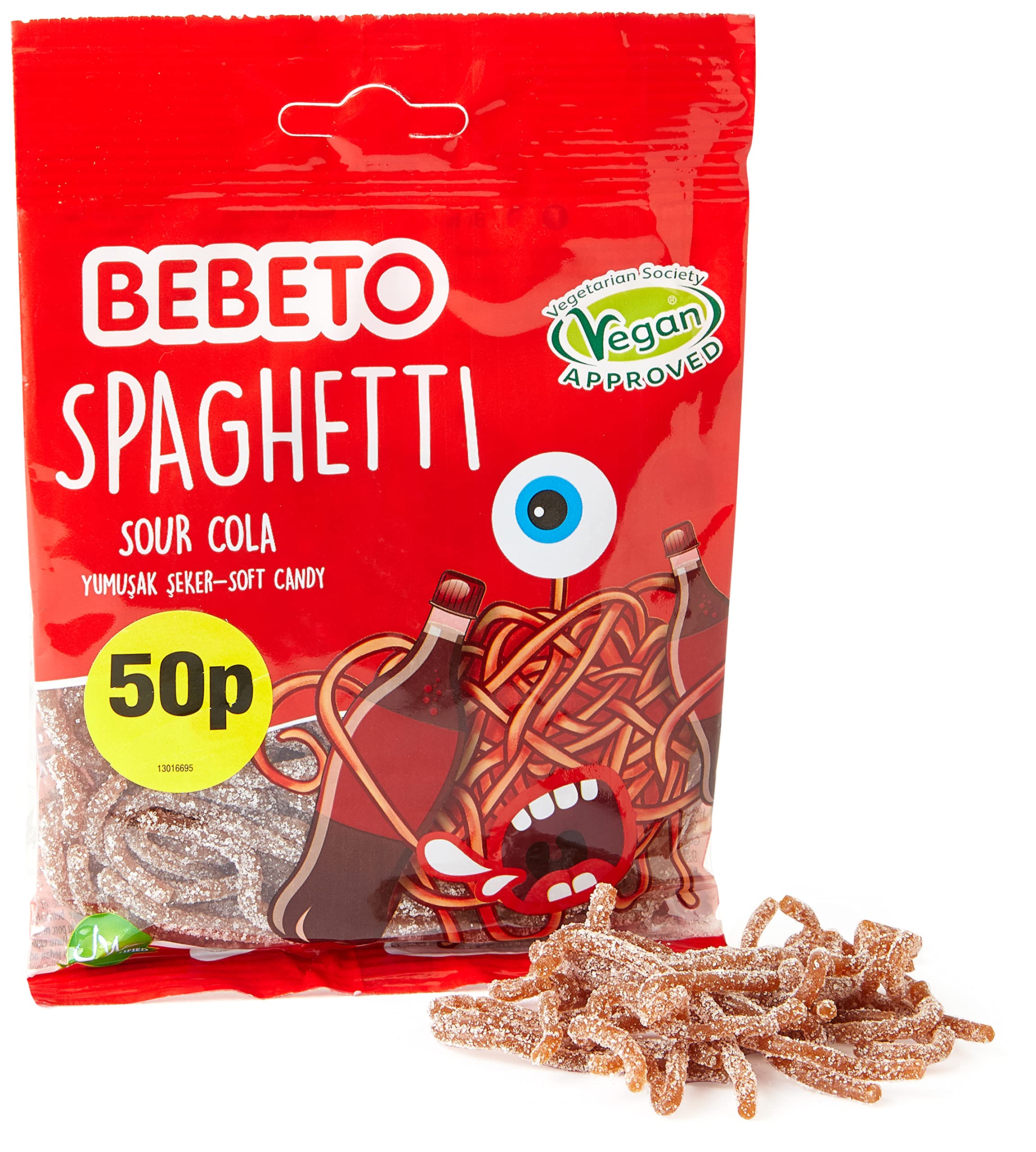 Bebeto Sour Cola Spaghetti - Vegan & Halal Certified Sour Fizzy Gummy Sweets, 70 g