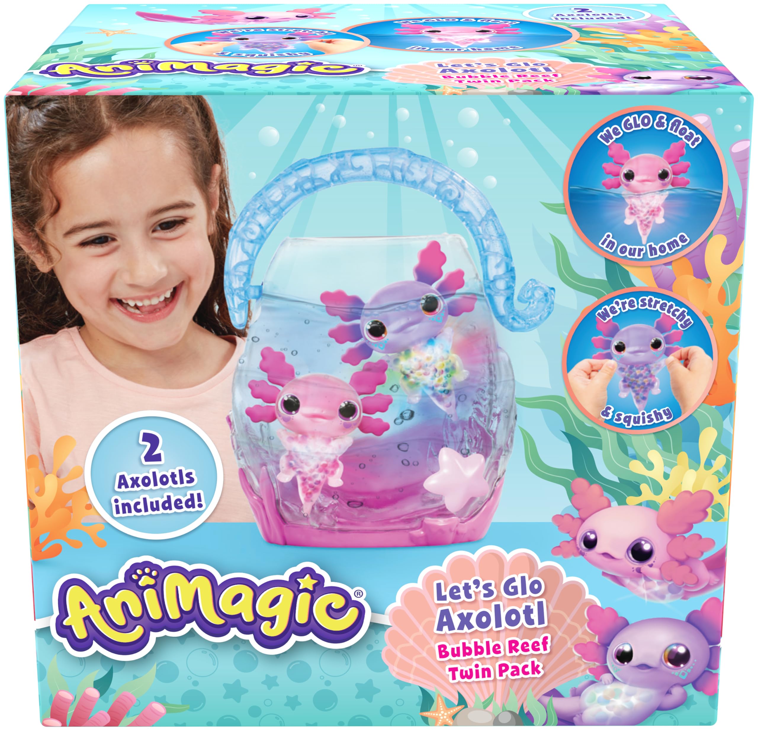 Animagic Let's Glo Axolotl Bubble Reef Twin Pack - Interactive Light-Up Electronic Pet Playset for Kids 5