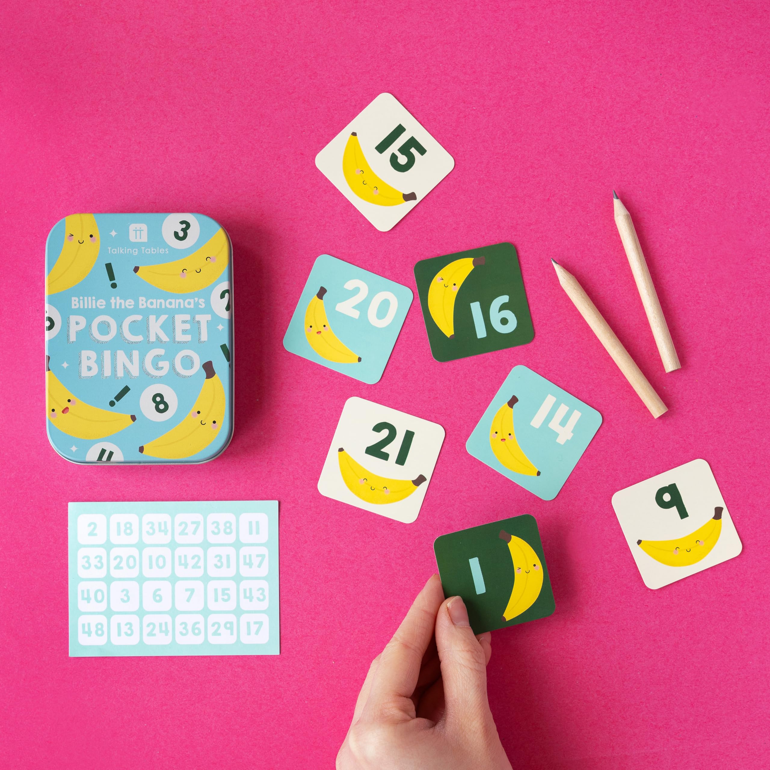Talking Tables Banana Themed Kids Travel Bingo Game Pocket Size Family Card Game