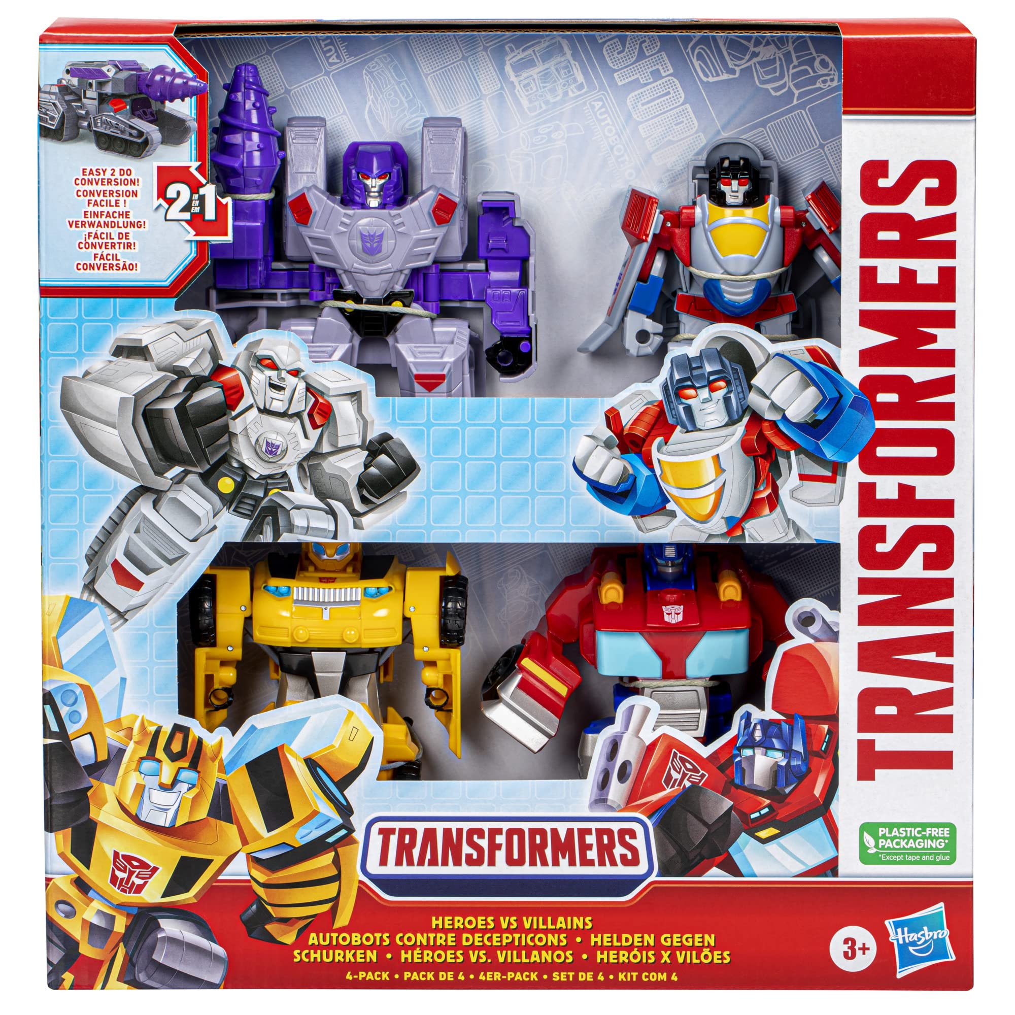 Transformers Heroes vs Villains 4-Pack Action Figures | Optimus Prime, Bumblebee, Megatron, Starscream | 11-cm 3