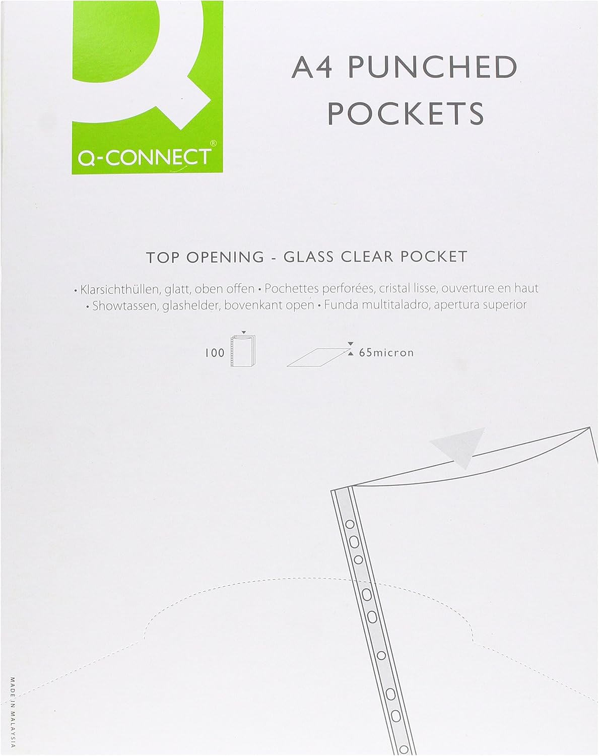 Q-Connect Delux Punched Pocket Top Opening Green Strip A4 Clear (Pack of 100)