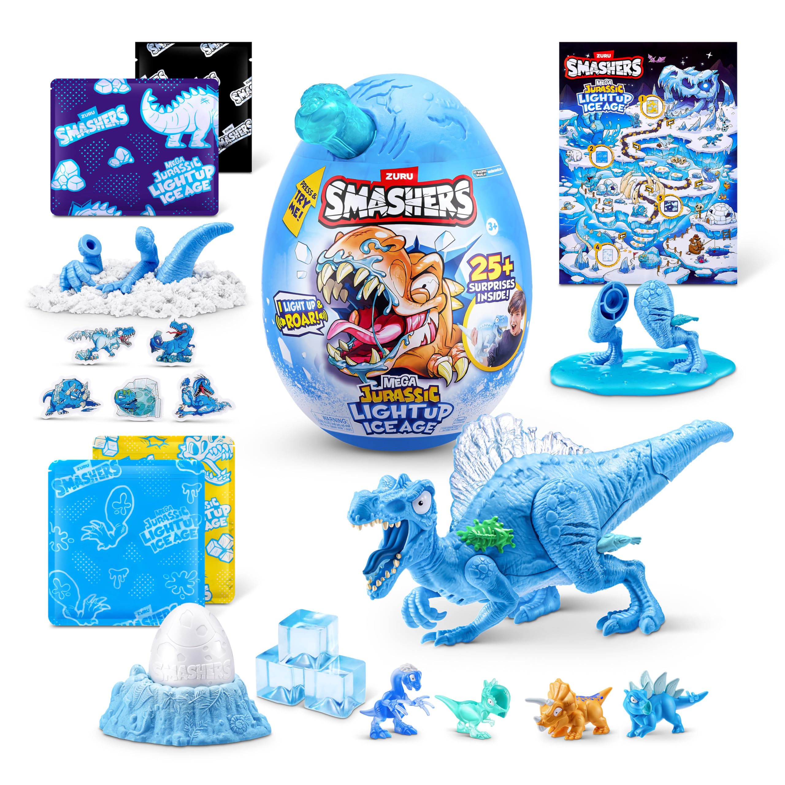 Smashers Mega Jurassic Light Up Ice Age (Spinosaurus) by ZURU - Building Playset with Light-Up Dino & Roar Feature