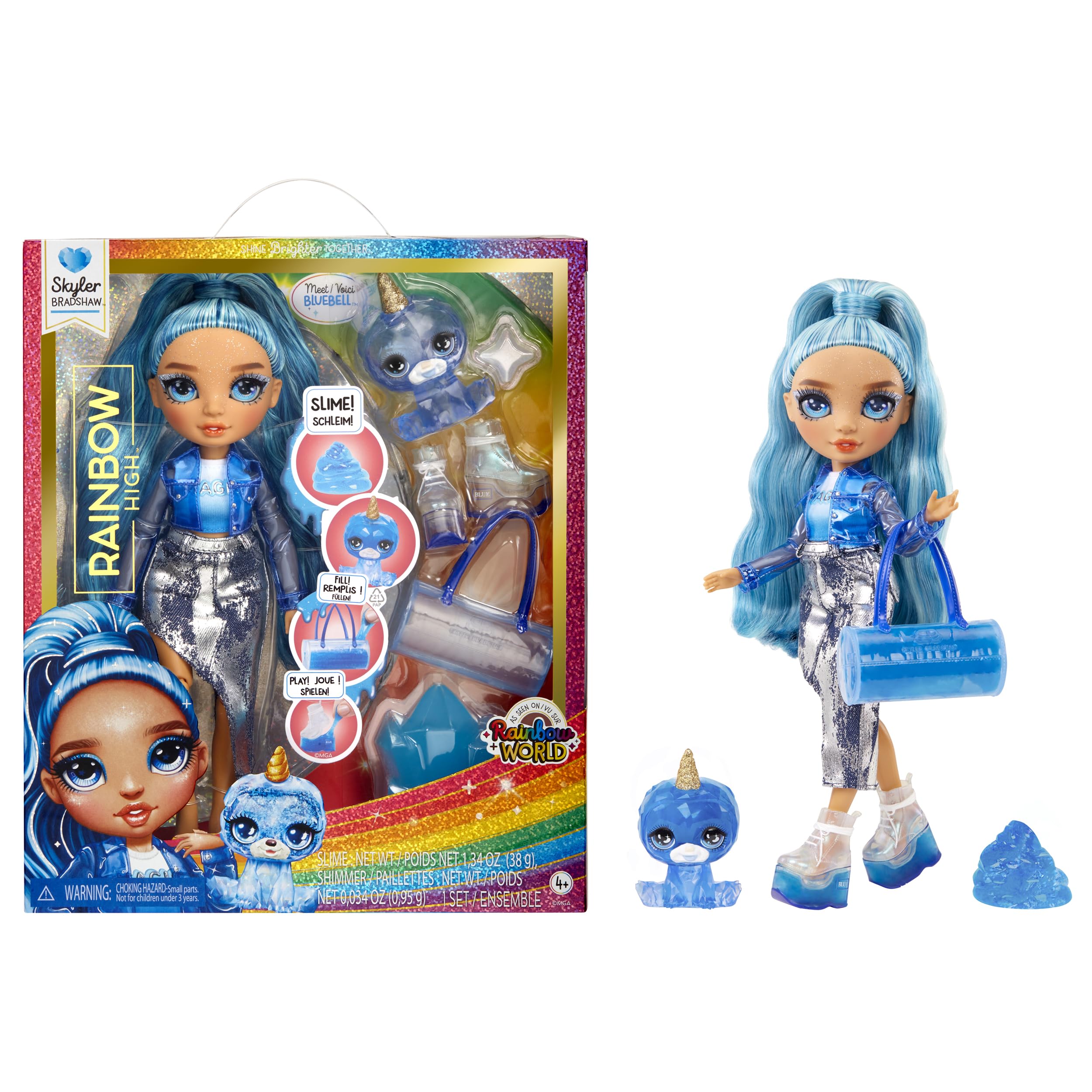 Rainbow High Skyler Bradshaw Fashion Doll with Sparkle Slime & Magical Pet - Blue Shimmer Doll with Yeti, Customizable Accessories - Ages 4-12