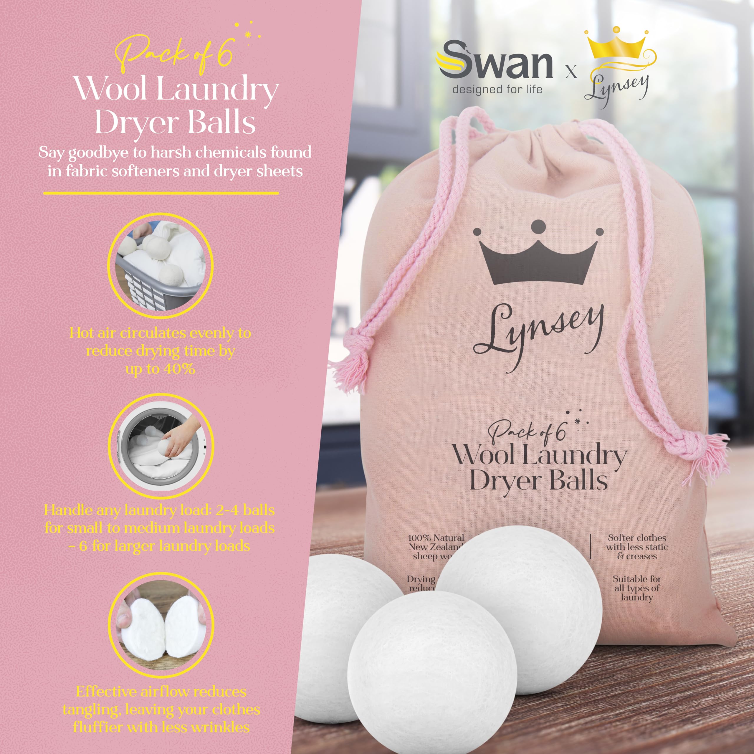 Swan - Queen of Clean 6 Natural Wool Dryer Balls in Drawstring Bag 9