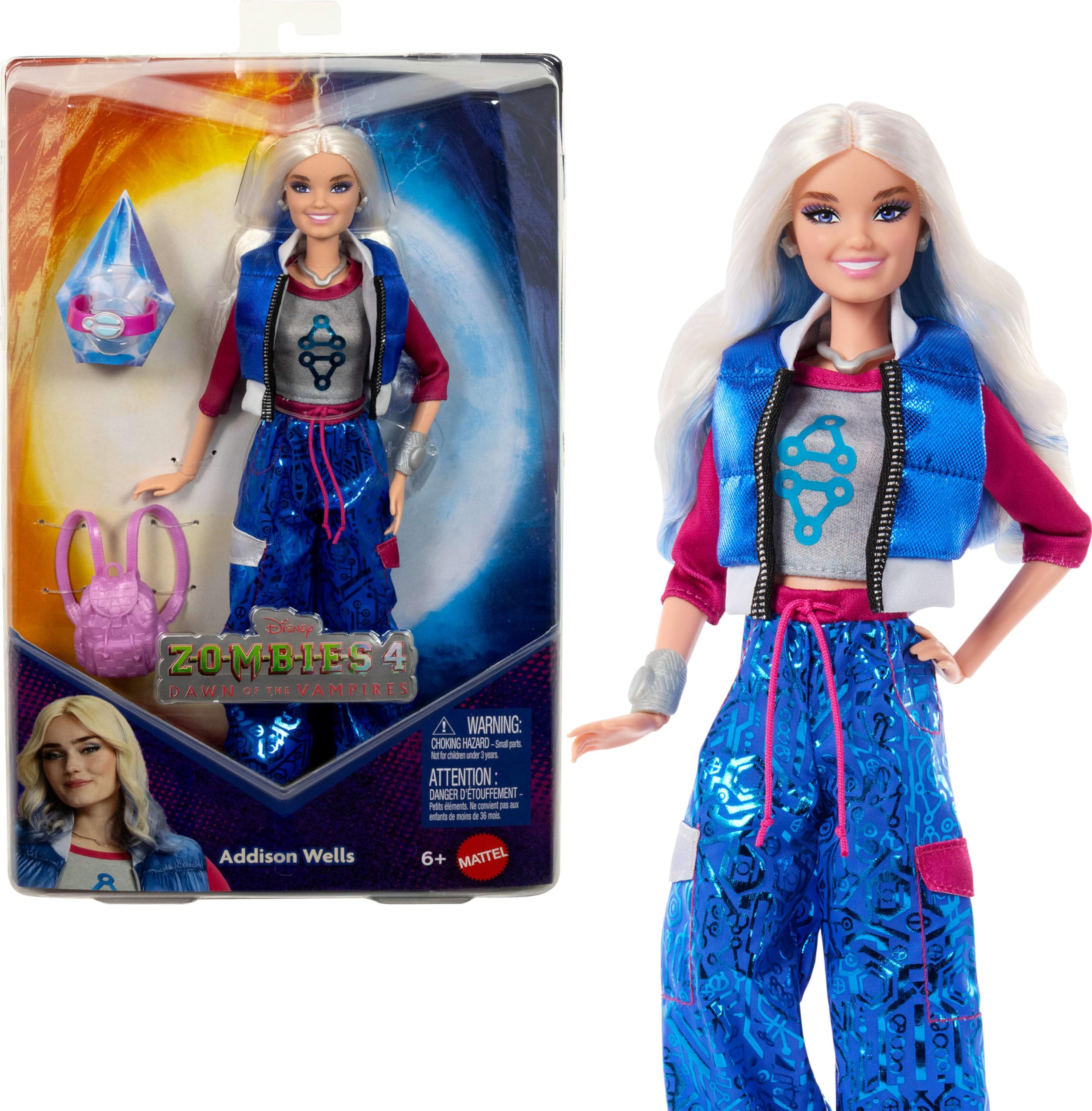 Mattel Disney Zombies 4: Dawn of the Vampires Addison Wells Fashion Doll - 11 Joints, Silver Hair, Blue Outfit