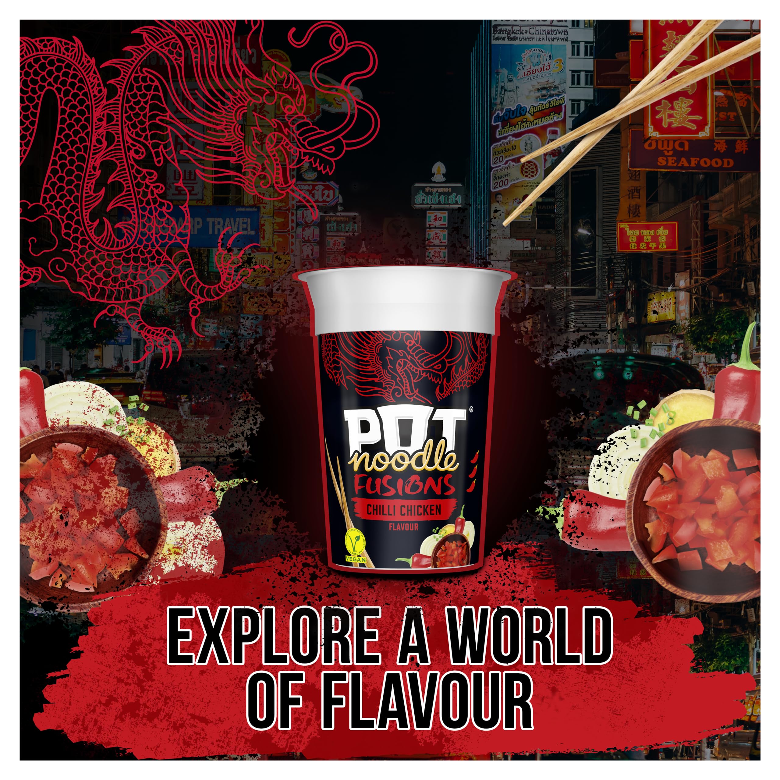 Pot Noodle Fusions Chili Chicken Instant Vegane Nudeln 100g 6