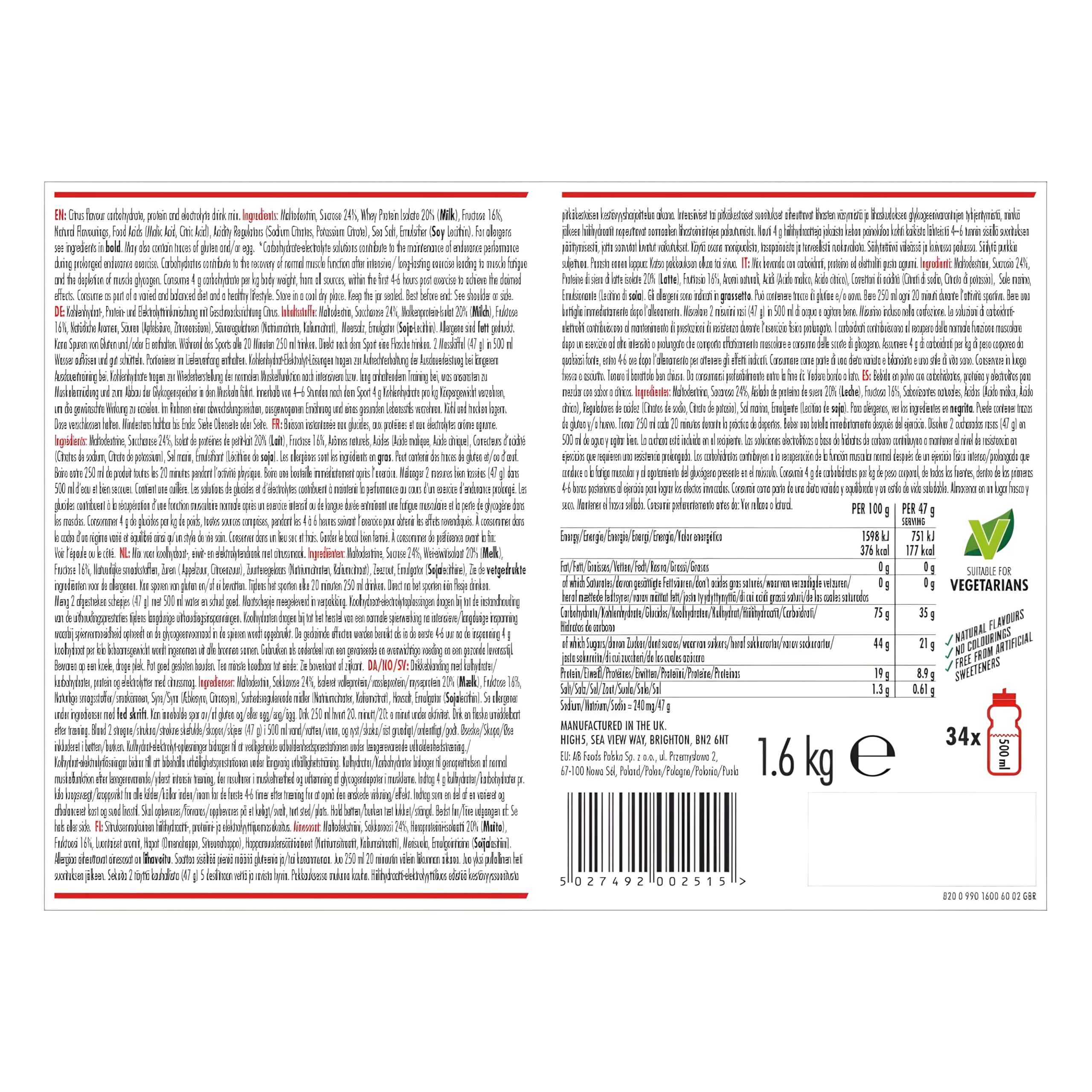 HIGH5 Energy Drink With Protein Blend of Carbohydrates, Protein & Electrolytes (Citrus, 1.6kg) 8